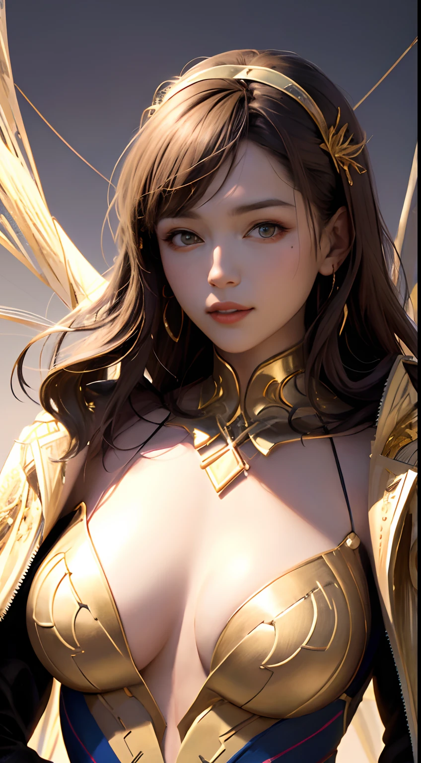 (tmasterpiece,top Quority,best qualtiy,offcial art,Beautiful and aesthetic:1.2),(1girl huge large breasts),waist - up,Tang suit,Hanfu,cyber punk style,mechs,Extremely detailed,Colorful,highestdetailed,offcial art,统一 8k 壁纸,ultra-detailliert,Beautiful and aesthetic,beatifull,tmasterpiece,best qualtiy,(Zentangle,a Mandala,Tangles,Entangled),Sacred Radiance,gold foil,Gold leaf art,glitter drawing,PerfectNwsjMajic、Longhaire