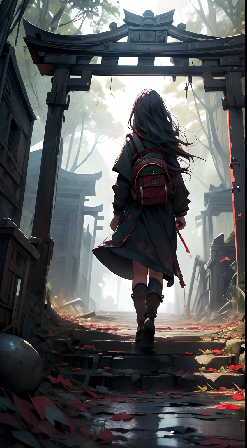 a girl exploring and acient ruin with skulls on the ground, from back, intricate, old, skulls on the ground, temple, red leafs, dangerous nature, a adventure feeling brave, corage, fear, scary emotions, the image is dark,