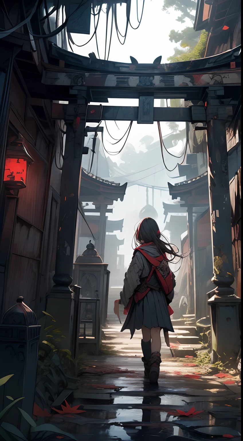 a girl exploring and acient ruin with skulls on the ground, from back, intricate, old, skulls on the ground, temple, red leafs, dangerous nature, a adventure feeling brave, corage, fear, scary emotions, the image is dark,