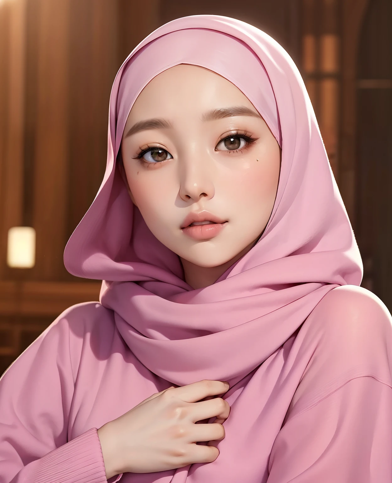 (masterpiece),(very detailed),a half body of a asian woman wearing a hijab and a black and pink shirt, beautiful aesthetic face, her skin is light brown, mosque background, girl cute-fine-face, attractive female face!!!, with accurate face, attractive beautiful face, beautiful delicate face, very pretty face, with cute - fine - face, hijab, attractive girl, cute - fine - face, cute-fine-face