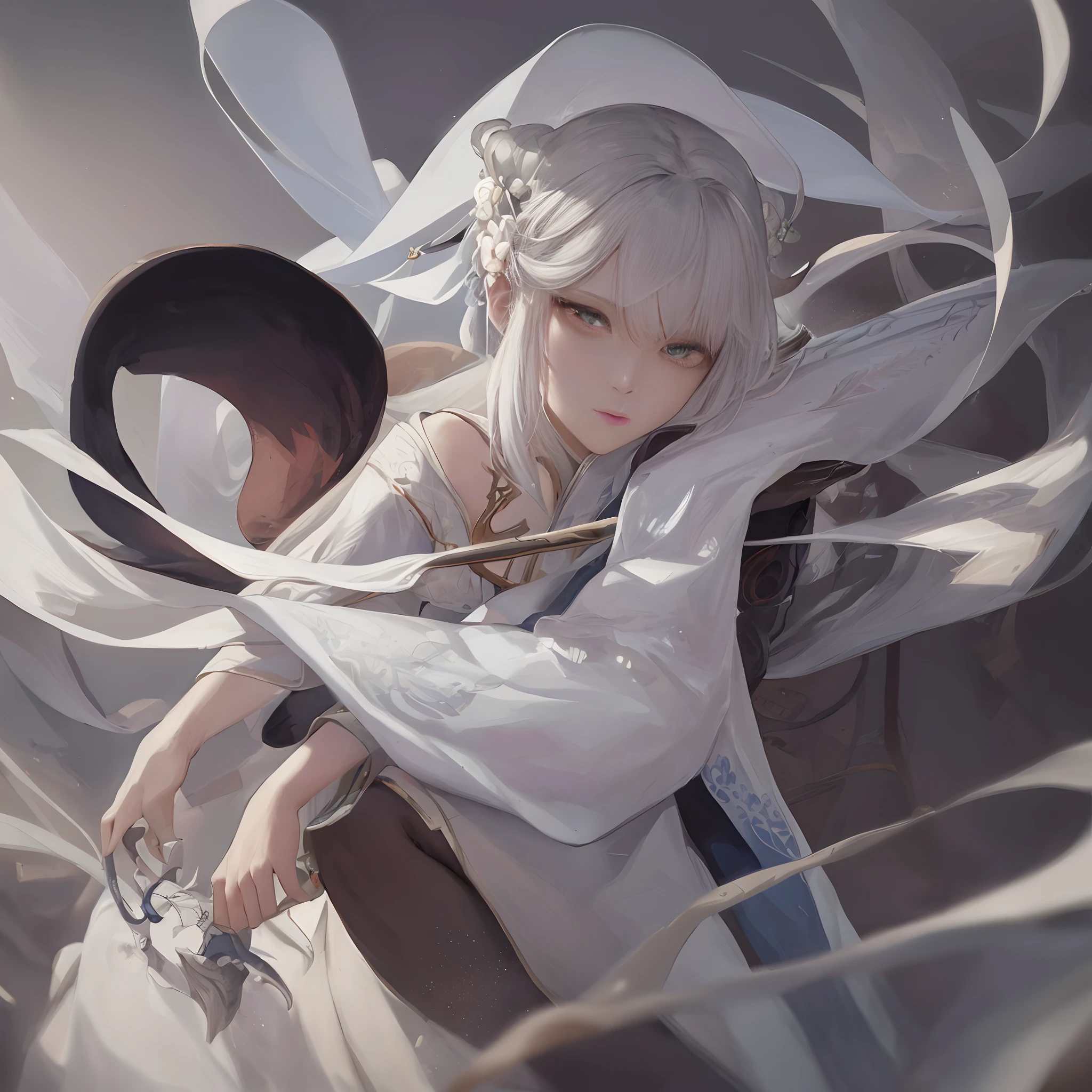 a close up of a woman with a sword in a white dress, a character portrait by Yang J, trending on cgsociety, fantasy art, beautiful character painting, artwork in the style of guweiz, guweiz, white hanfu, flowing white robes, full body wuxia, epic exquisite character art, stunning character art, beautiful female assassin