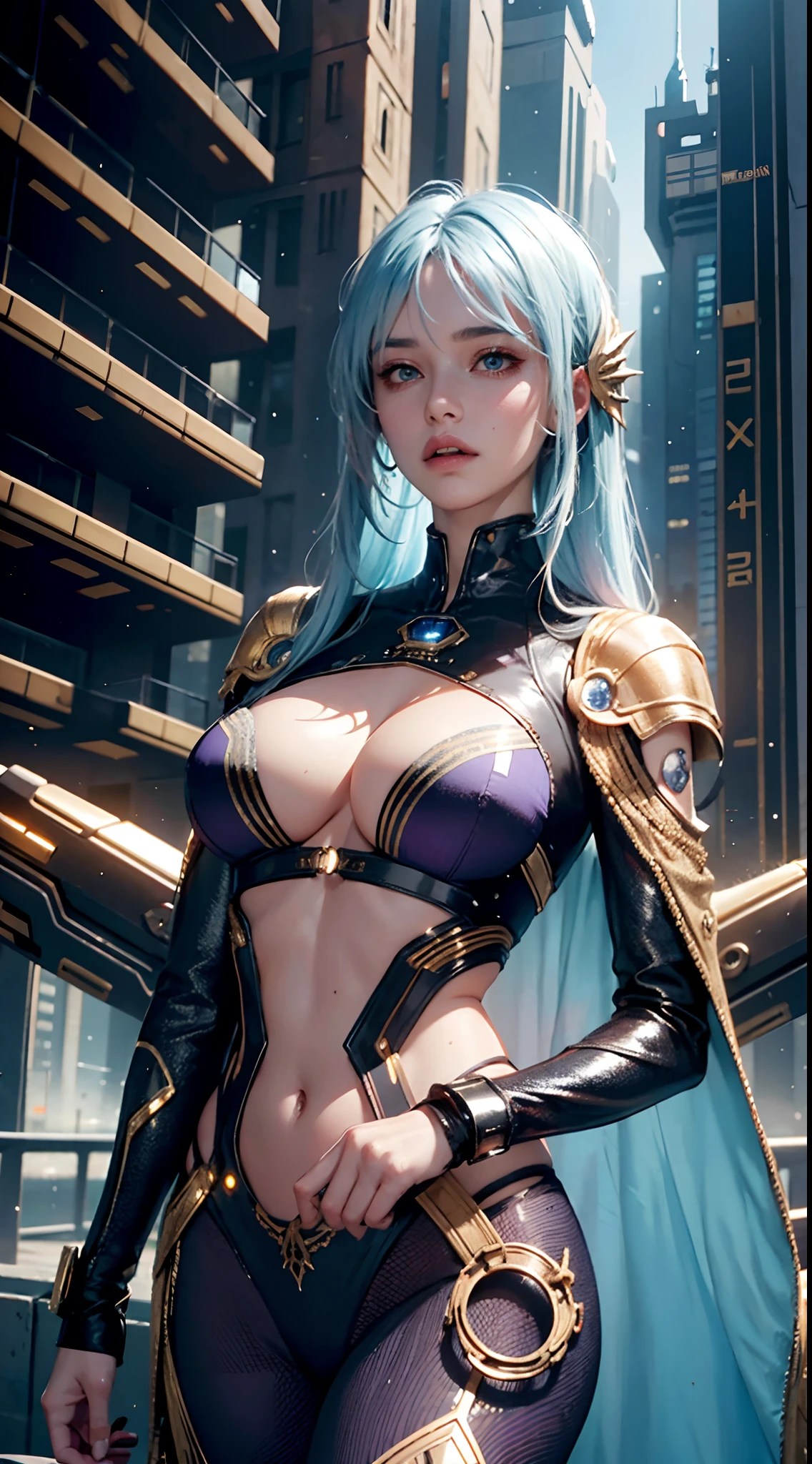 realistic, (masterpiece, top quality, best quality, official art, beautiful and aesthetic:1.2), extremely detailed,fractal art,colorful,highest detailed,zentangle, (1Character:1.3), Beautiful woman , large chest , light blue hair , ombré into purple at the ends , red eyes , thick body , Age 32, wearing Button up turtleneck, blue star jewel on the chest , gold accents , intricate gold trim, techwear, high fashion , city wear ,   ,((futuristic city background:1.4))