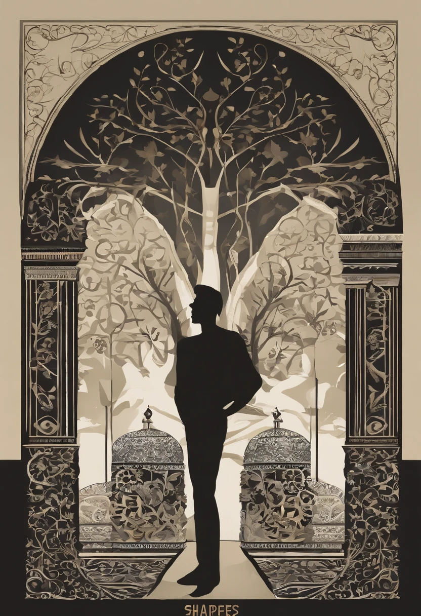 Create a book design composed of various shapes and silhouettes. The book cover should be visually striking and unique. Use a combination of geometric and organic shapes to create a captivating and artistic composition. The overall design should convey a sense of creativity and imagination. The title of the book is "Shapes and Silhouettes: A Visual Journey." Make sure to use a vibrant color palette that complements the shapes and silhouettes to make the design visually appealing.