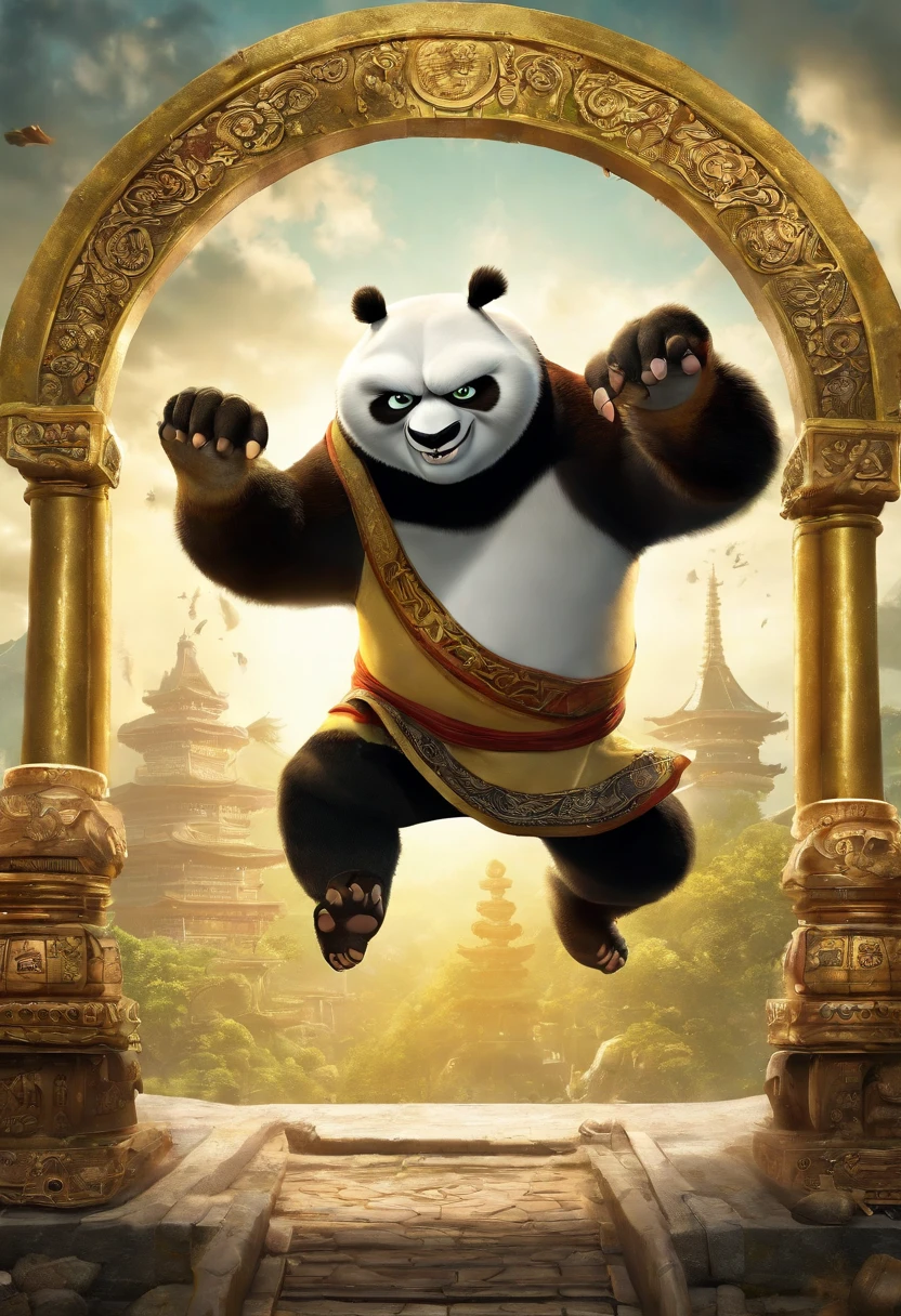 Ultra realistic 4k
Turn Kung Fu panda into a 
Fat human 
White, black, yellow
Jade palace background ( escadaria ) 
black headband