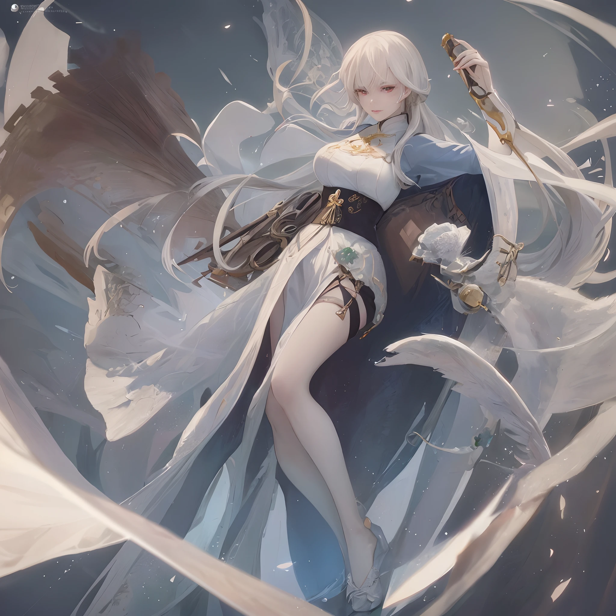 a close up of a woman with a sword in a white dress, a character portrait by Yang J, trending on cgsociety, fantasy art, beautiful character painting, artwork in the style of guweiz, guweiz, white hanfu, flowing white robes, full body wuxia, epic exquisite character art, stunning character art, beautiful female assassin