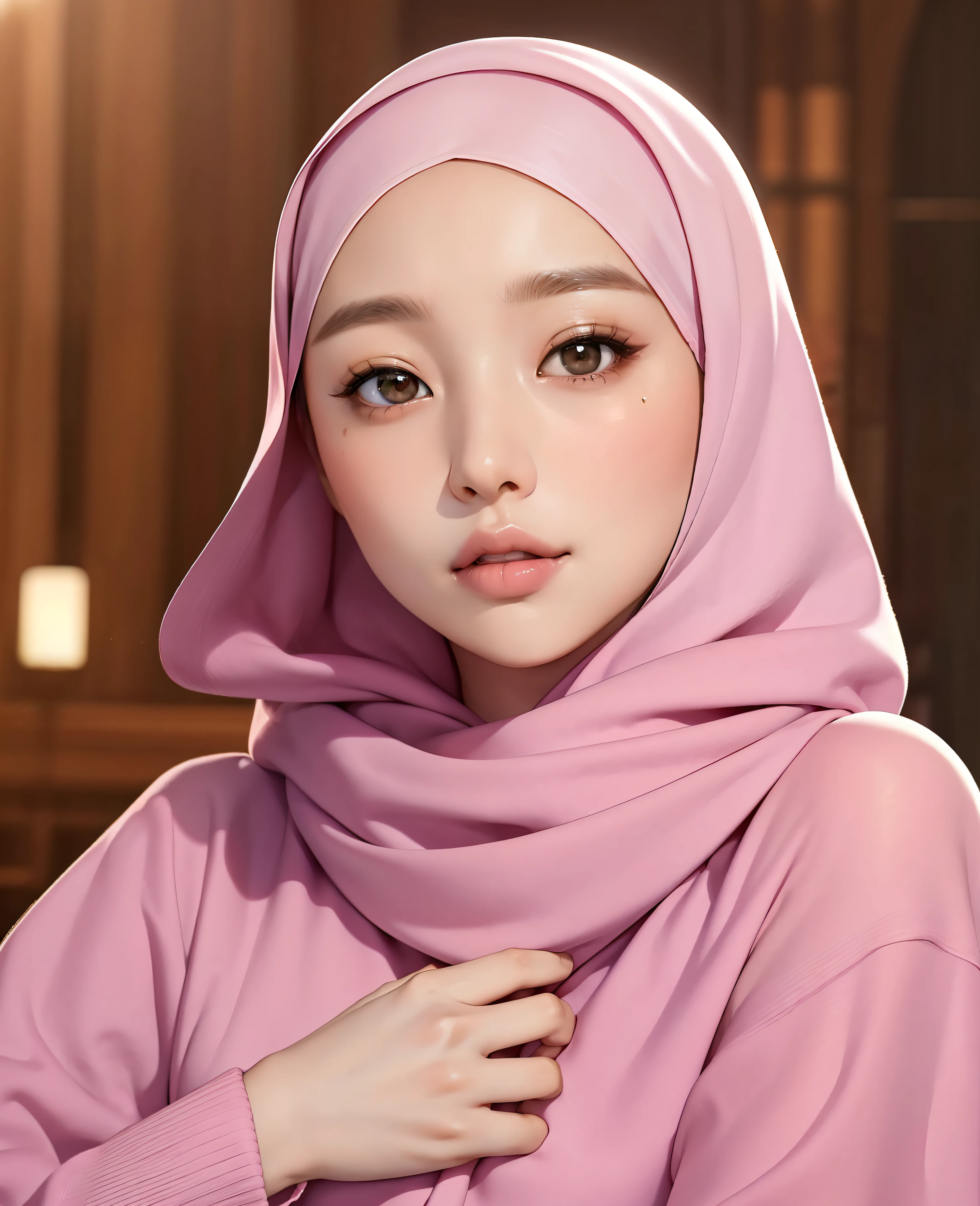 (masterpiece),(very detailed),a half body of a asian woman wearing a hijab and a black and pink shirt, beautiful aesthetic face, her skin is light brown, mosque background, girl cute-fine-face, attractive female face!!!, with accurate face, attractive beautiful face, beautiful delicate face, very pretty face, with cute - fine - face, hijab, attractive girl, cute - fine - face, cute-fine-face