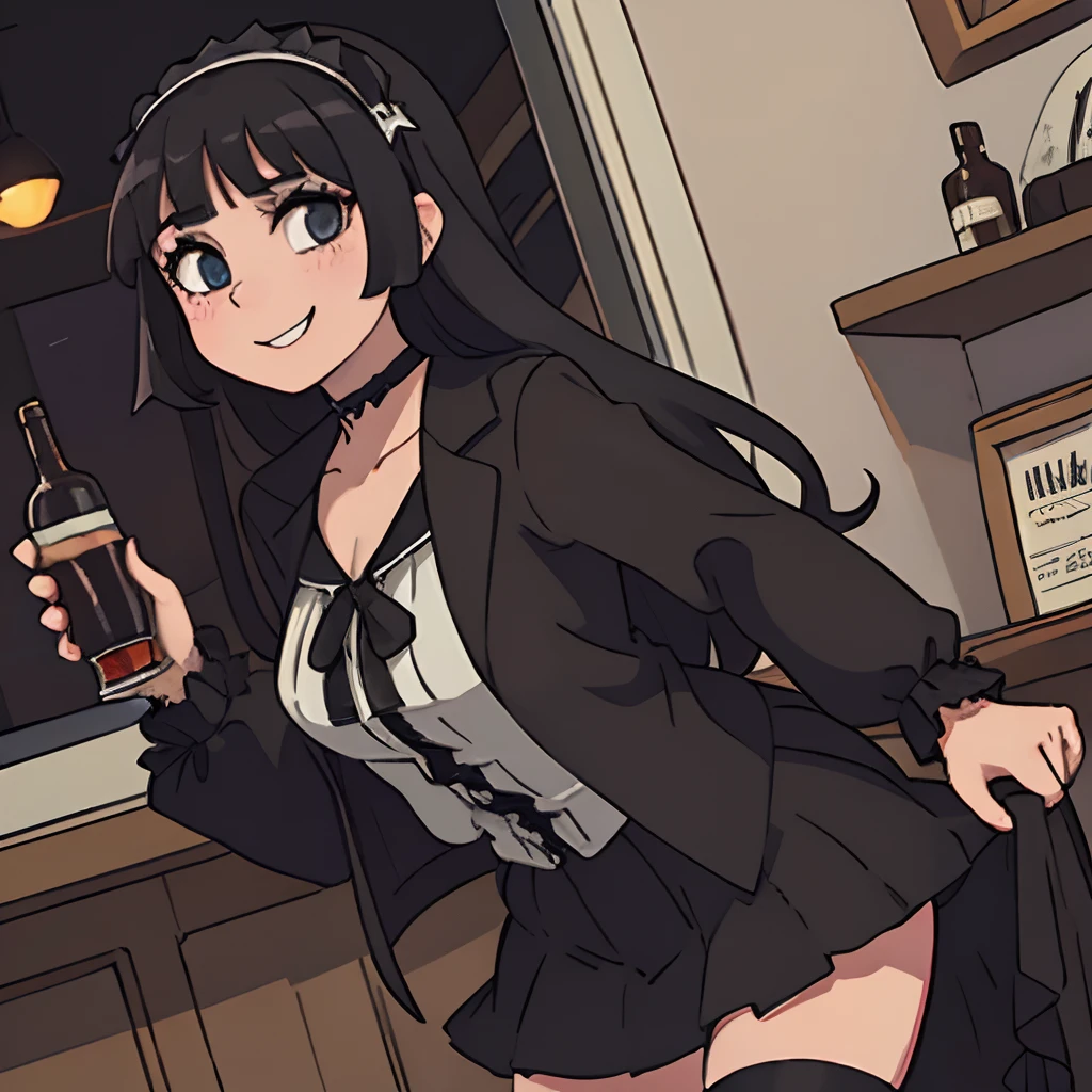1 woman, Cool, good-looking, Cross-dressing, Gothic, Gothic, Onepiece, knee high socks, Black socks, Skirt, Black clothes, white frills, Black hair, Long hair, Hidden eyebrows and bangs, boyish, alcohol, Head dress, Black lips, Raffle Plenty, large black ruffles on the sides of the head,,,,, alcohol, Big eyes, Smile, Dusk, Indoors