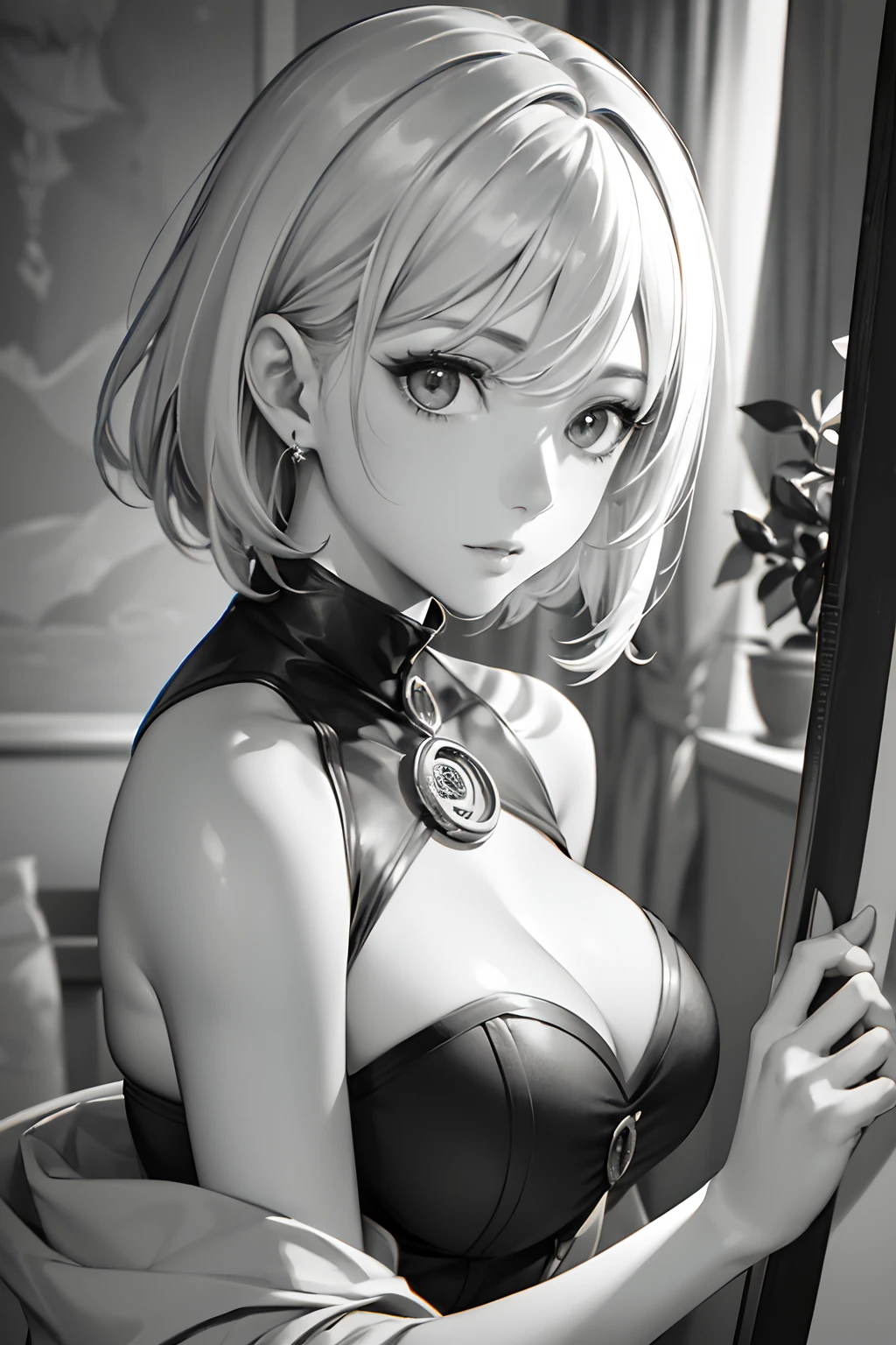 masterpiece、top-quality、hight resolution、High-quality images、8K.1womanl、skin gloss、Texture of skin and clothing、Monochrome grayscale、the detail、Detailed eye expression、Lustrous hair、full body Esbian、Platinum Bront Shorthair、pencil painting、oneiromancy、gear wheel