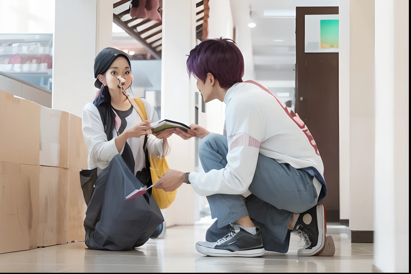 woman with pink hair and casual clothes picking up the book that fell on the floor, boy in casual clothes and platinum hair helping her