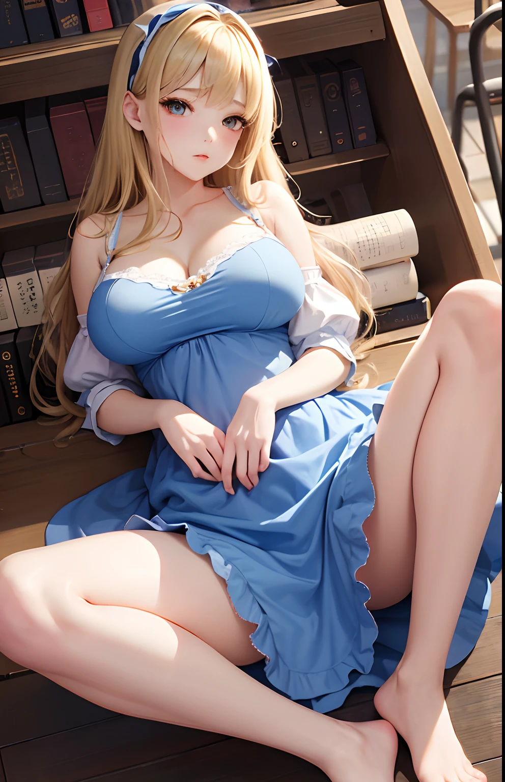 masterpiece, top-quality, 1girl in,Fluffy skirt、Raw feet、atlibrary、big breast beauty、I'm showing my pants、bra very、alice in the wonderland、a blond、a blue dress