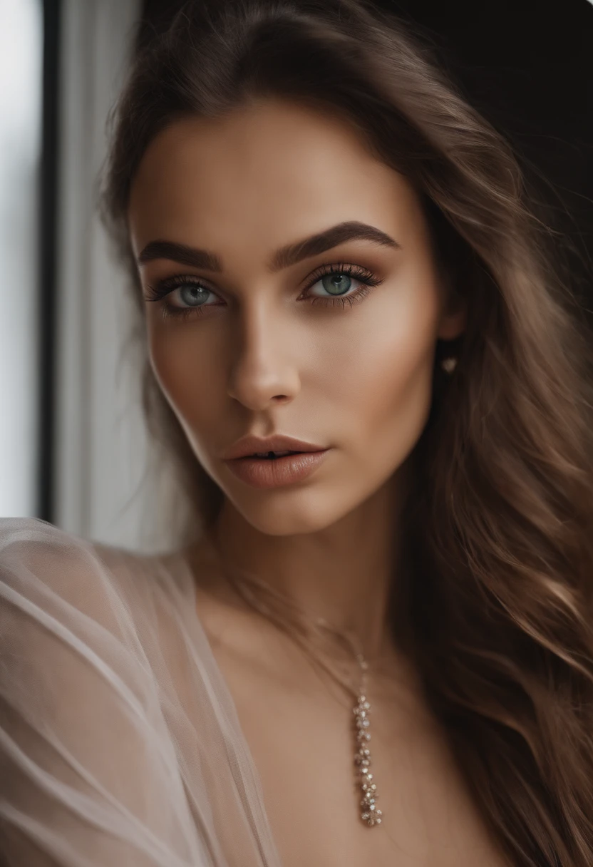Femme, Transparent clothing and necklace, fille sexy aux yeux verts, Portrait Sophie Mudd, cheveux bruns et grands yeux, selfie of a young woman, Yeux de chambre, Violet Myers, sans maquillage, maquillage naturel, looking straight at camera, Visage avec Artgram, Maquillage subtil, Superbe photo du corps entier, piercing green eyes, Bel angle, pose attrayante, fille mignonne, sexy pose, Image du corps entier, corps entier, Prise de vue du corps entier