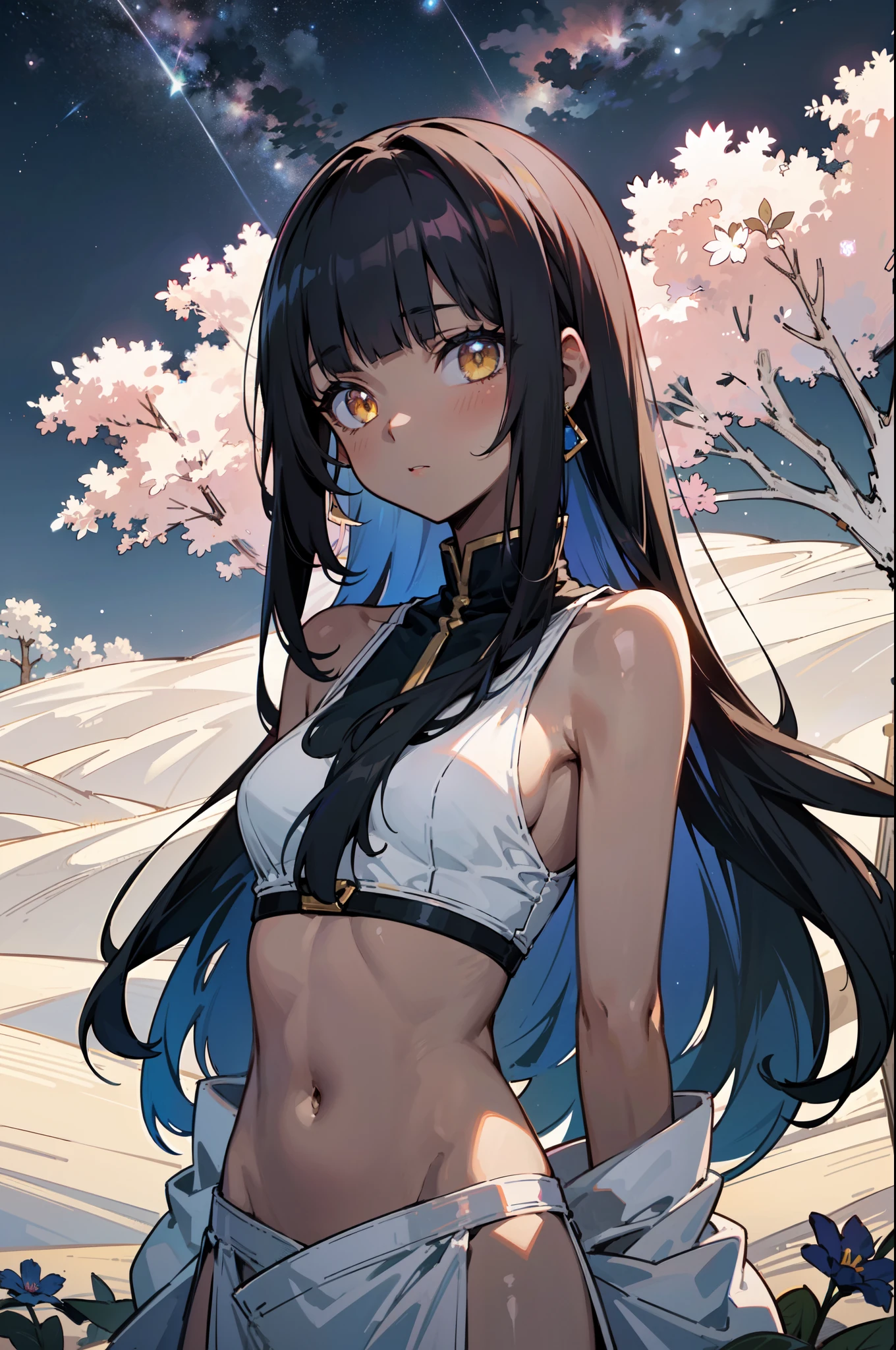 1girl, solo, , (dark skin:1.15),lack hair, (very long hair), ((hime cut, blunt bangs, blunt sidelocks)), messy hair, straight hair, flower over head, blue flower, yellow eyes, glowing eyes, egyptian clothes, white top, navel, (pelvic courtain), old fashioned clothes, (small breasts), inexpressive, neutral, standing, arms behind back, looking at viewer, (upper body), (desert, night, starry sky, scenery), masterpiece, best quality, 4k