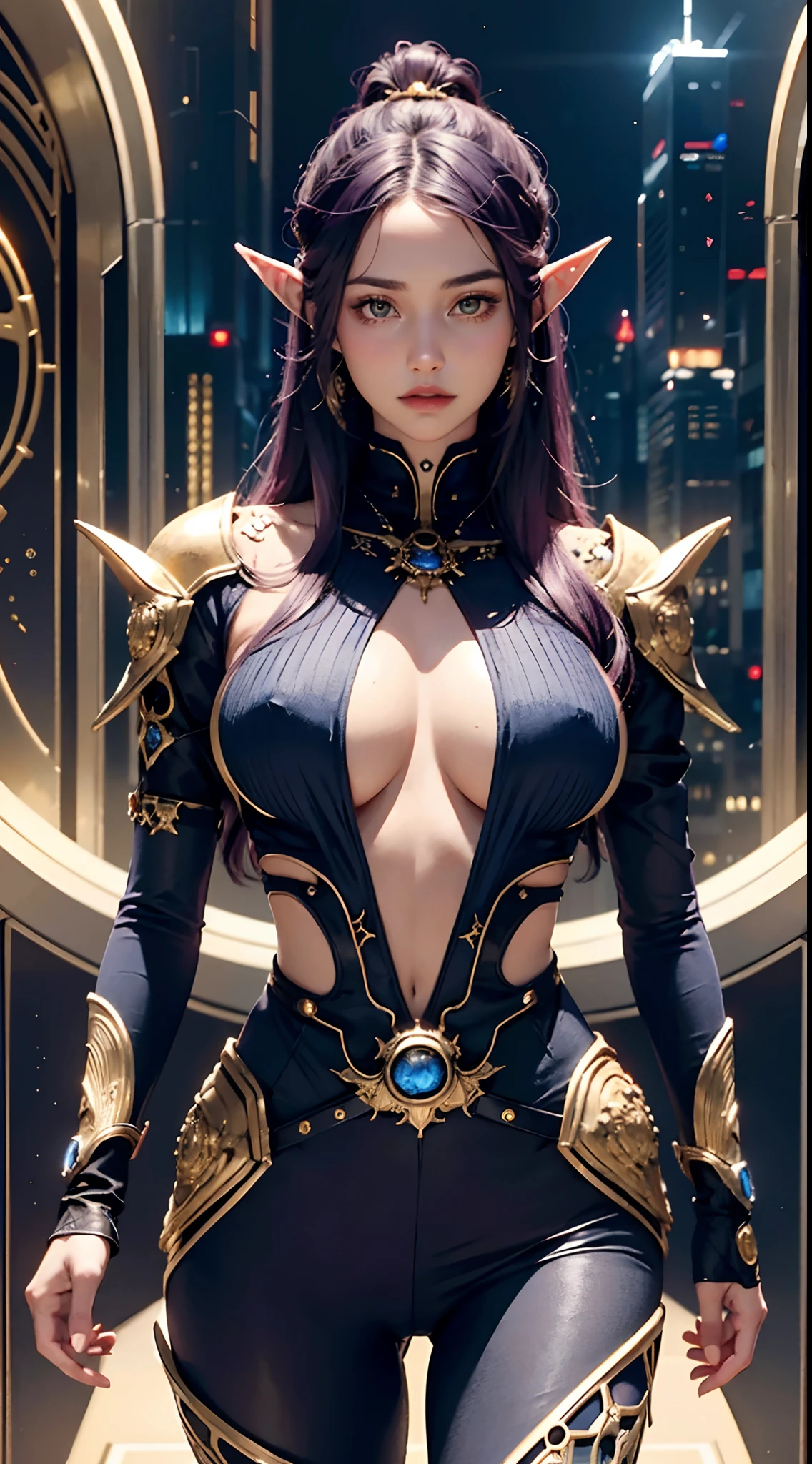 realistic, (masterpiece, top quality, best quality, official art, beautiful and aesthetic:1.2), extremely detailed,fractal art,colorful,highest detailed,zentangle, (1Character:1.3), Beautiful woman , large chest , dark purple hair , has elf ears , yellow eyes , thick body , extremely long hair , Age 36, wearing Button up turtleneck, blue star jewel on the chest , gold accents , intricate gold trim, techwear, high fashion , city wear , ,((futuristic city background:1.4))