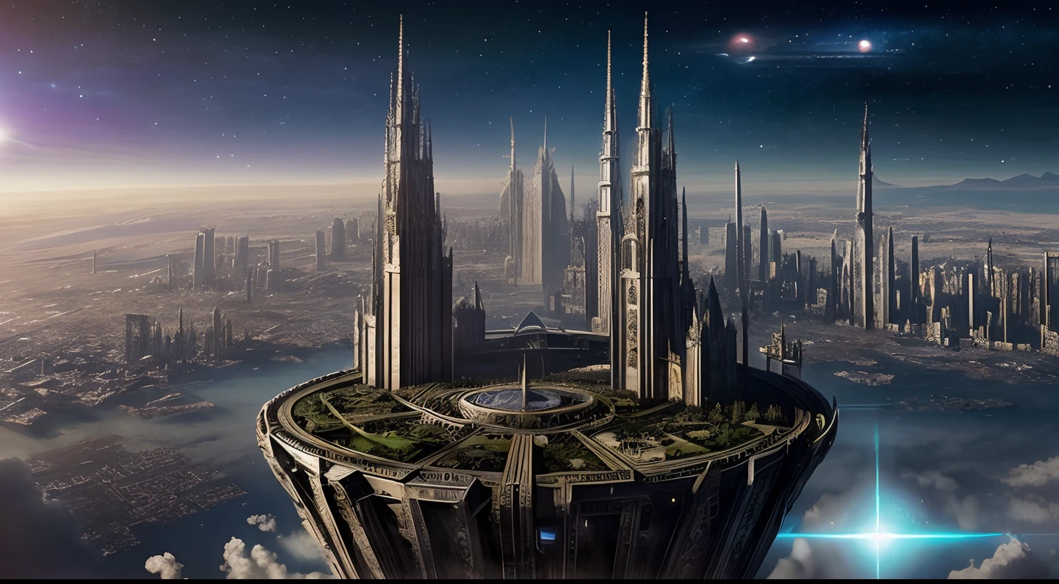 Create an illustration in the style of Luis Royo featuring a world filled with futuristic skyscrapers blended with medieval castles. The sky is adorned with planets and nebulae, creating a celestial backdrop. Add magical beams, ancient clocks, and embrace extreme fantasy elements. Pay meticulous attention to intricate details to ensure a visually captivating composition.