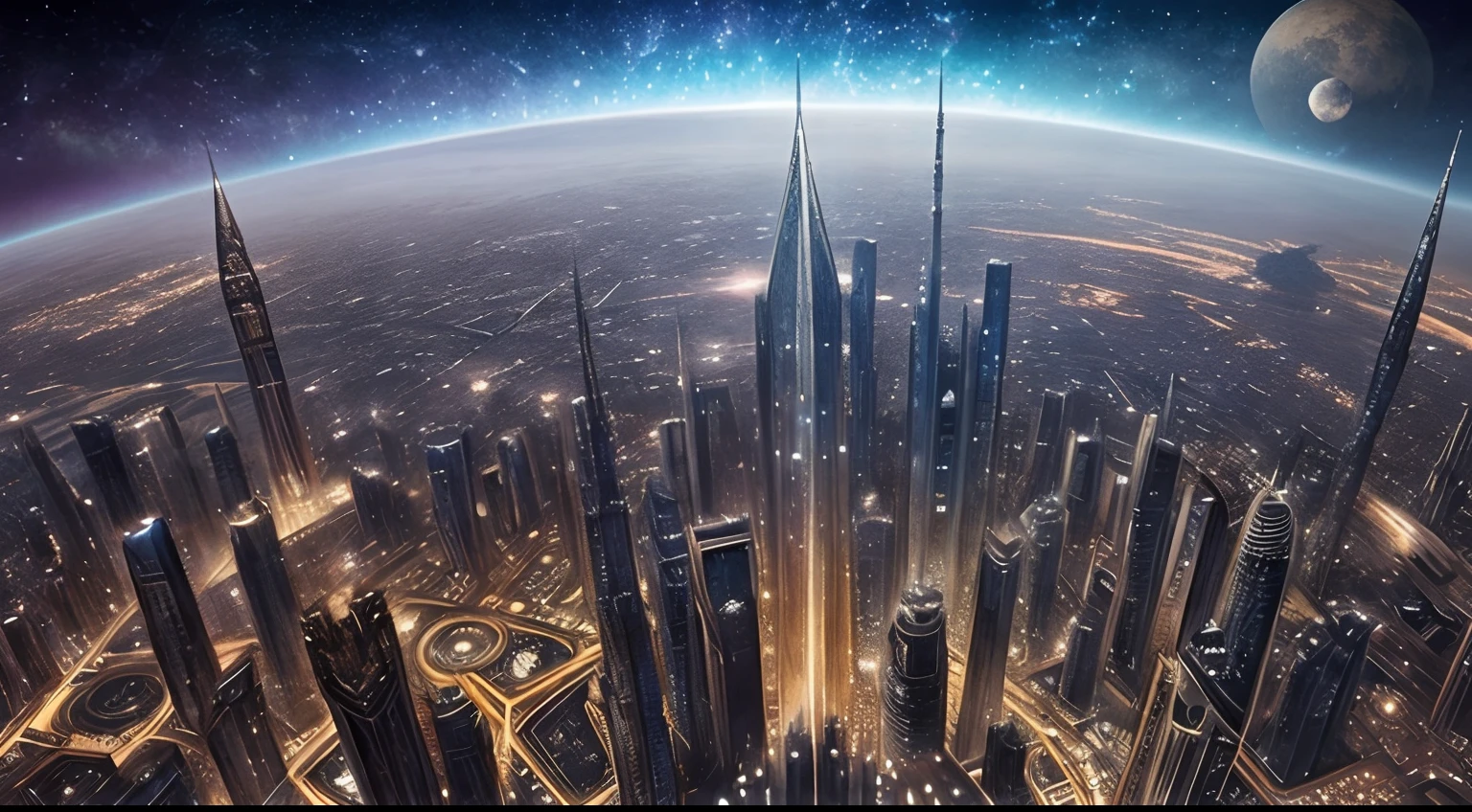 Create an illustration in the style of Luis Royo featuring a world filled with futuristic skyscrapers blended with medieval castles. The sky is adorned with planets and nebulae, creating a celestial backdrop. Add magical beams, ancient clocks, and embrace extreme fantasy elements. Pay meticulous attention to intricate details to ensure a visually captivating composition.