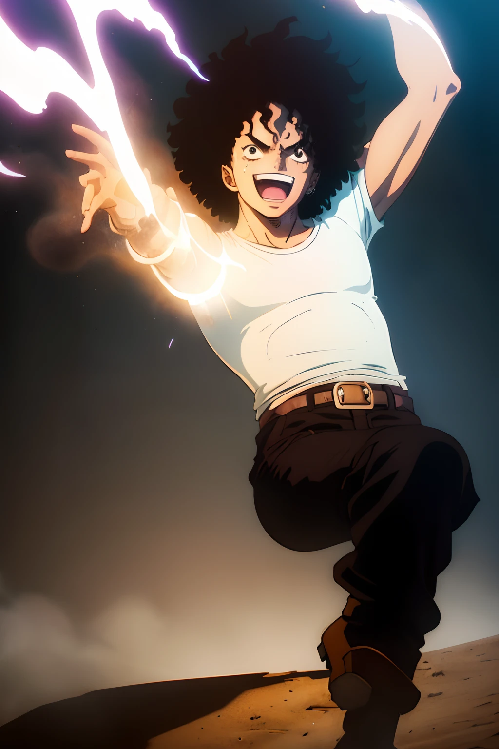 1boy,happy,curly hair like Michael Jackson,smoke power,white shirt,brown trousers,black boots,one piece style,cool crew,good looking guy,vivid colors,portraits,brilliant colors,stylish lighting,medium shadow,lush greenery,slightly vintage atmosphere,energetic expression,minimalistic background