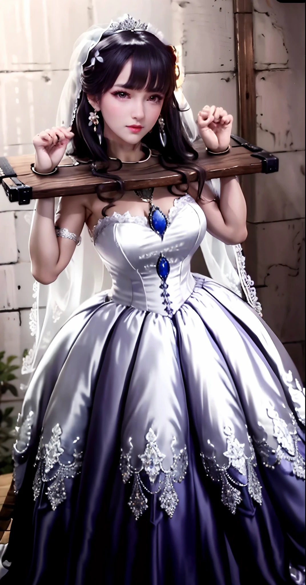 Close-up of a beautiful bride wearing a beautiful wedding dress, Gurwitz,（Pillory：1.5）, （flail：1.2）,  flail on the head, flail on the hands,full body photo,  whole body, (bridal veil: 1.5), (transparent short veil: 1.5), flushed face, head flower, tiara, Very detailed princess wedding dress,(tube wedding dress: 1.5), (silk dress: 1.2 ), (strapless wedding dress: 1.5), （floor length skirt：1.2）, pure white dress,white long skirt, necklace, earrings, (huge breasts: 1.3), deep V heart-neck wedding dress, bangs, lipstick, (lace gloves: 1.3),  high detail RAW Color art,