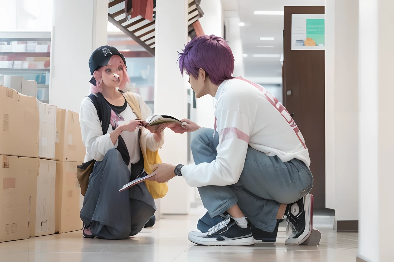 woman with pink hair and casual clothes picking up the book that fell on the floor, boy with casual clothes and platinum hair helping her