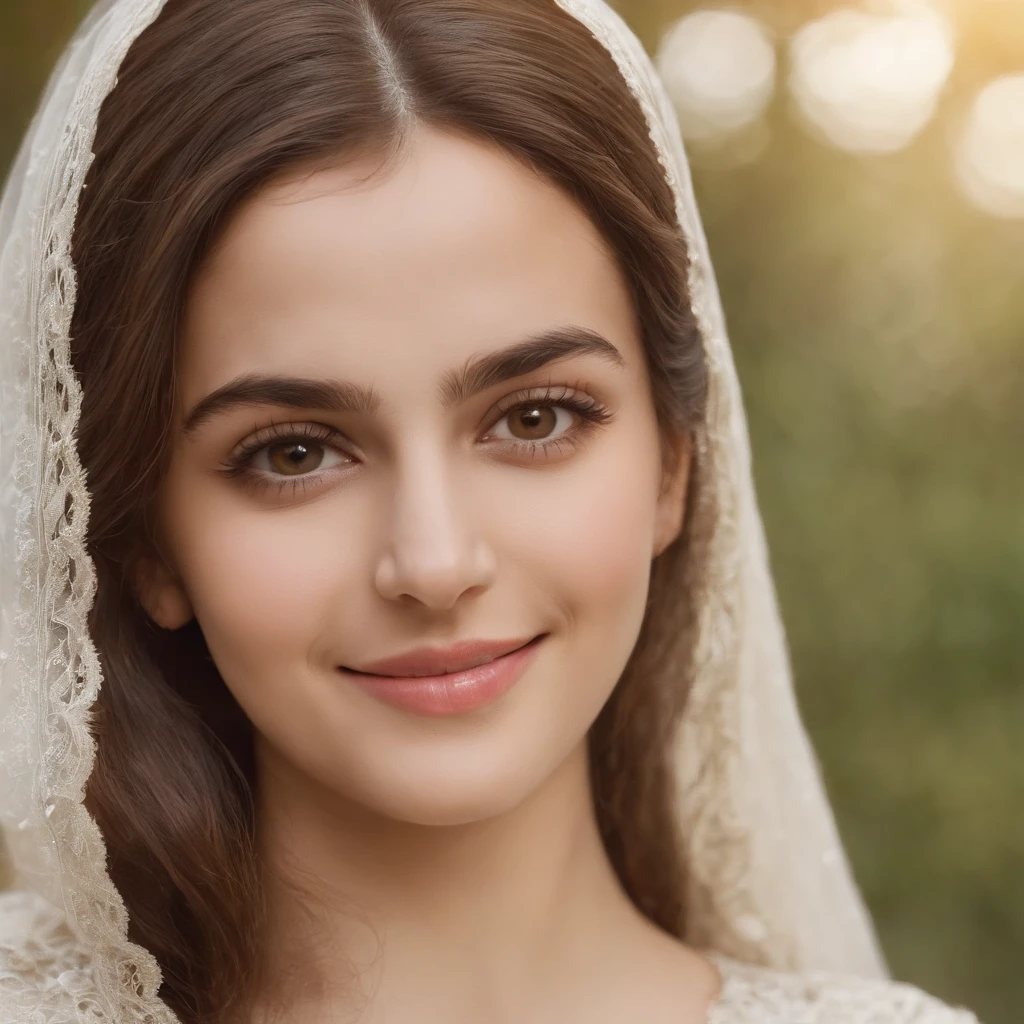 So beautiful Iranian girl with a wheath complexion, Un sourire innocent et charmant, grands yeux verts, portant une robe blanche soyeuse, her light brown hair flowing