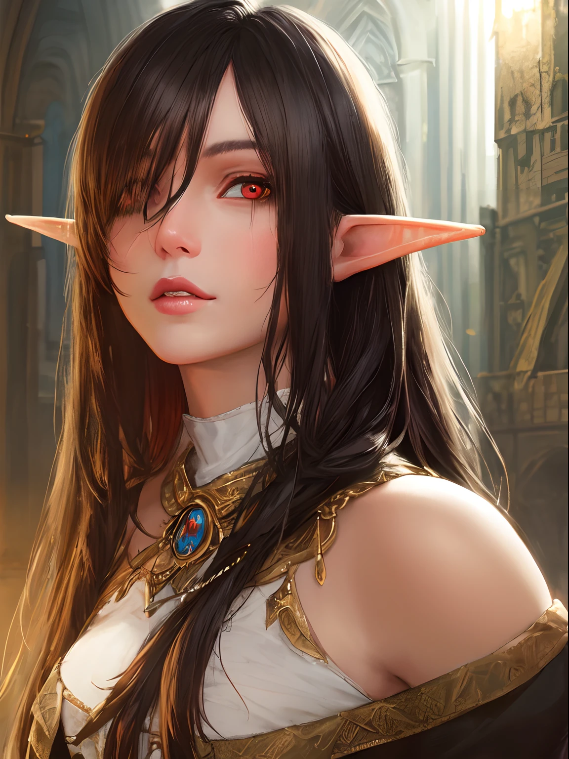 A in a black open dress with silver jewelry resembling runes or alchemical symbols. (((naked))), horns on the head. Snakes on their shoulders. Crescents surround the head with a halo. Her dark hair barely reached her shoulders. She was surrounded by a green glow, and her face was like that of a Greek statue, pale, beautiful, and eternally young. She also has green eyes. Full-length image. against the background of the night sky and the columns of the temple, between which the moon is visible. ((((revealing clothes))),((((without clothes)))
