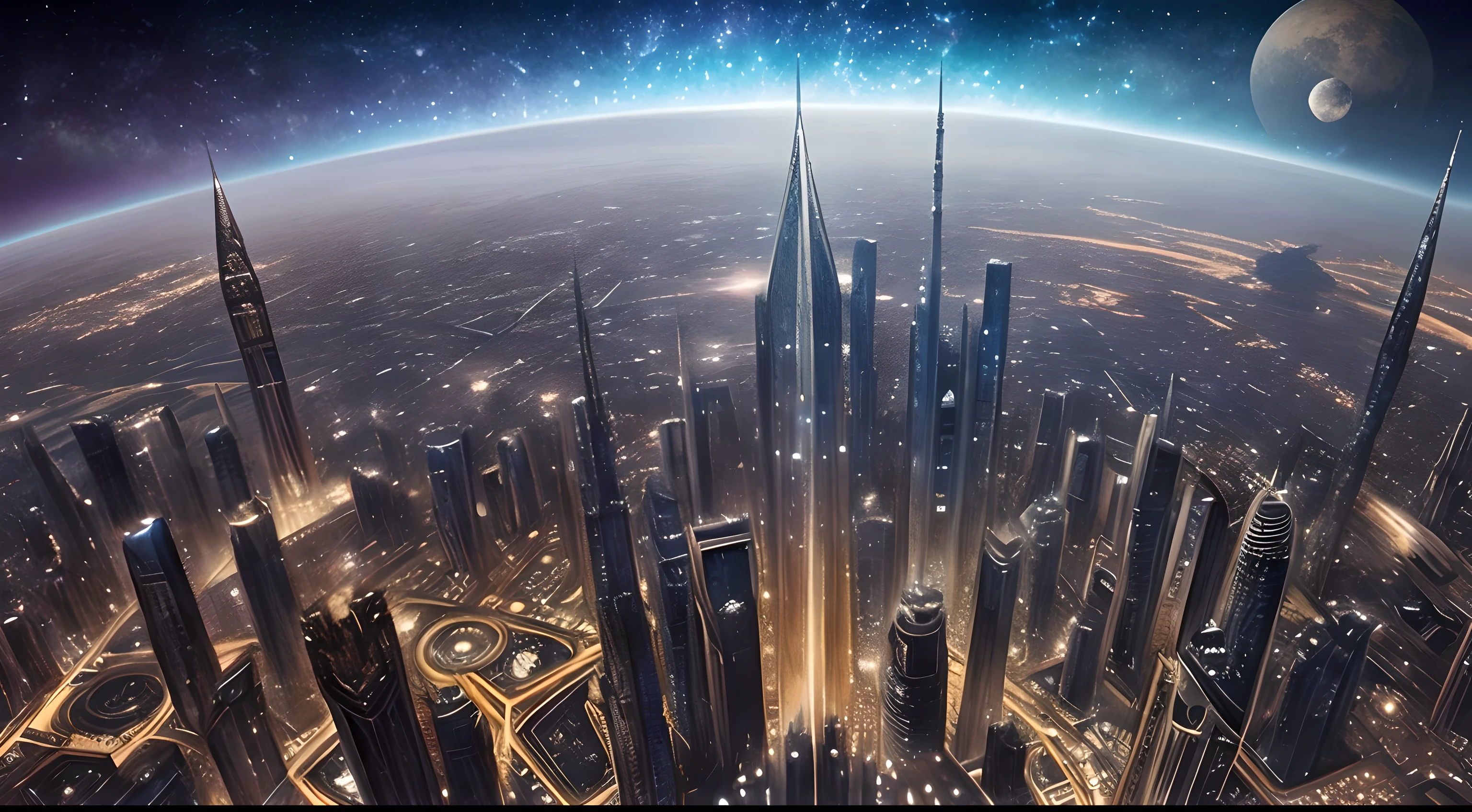 Create an illustration in the style of Luis Royo featuring a world filled with futuristic skyscrapers blended with medieval castles. The sky is adorned with planets and nebulae, creating a celestial backdrop. Add magical beams, ancient clocks, and embrace extreme fantasy elements. Pay meticulous attention to intricate details to ensure a visually captivating composition.