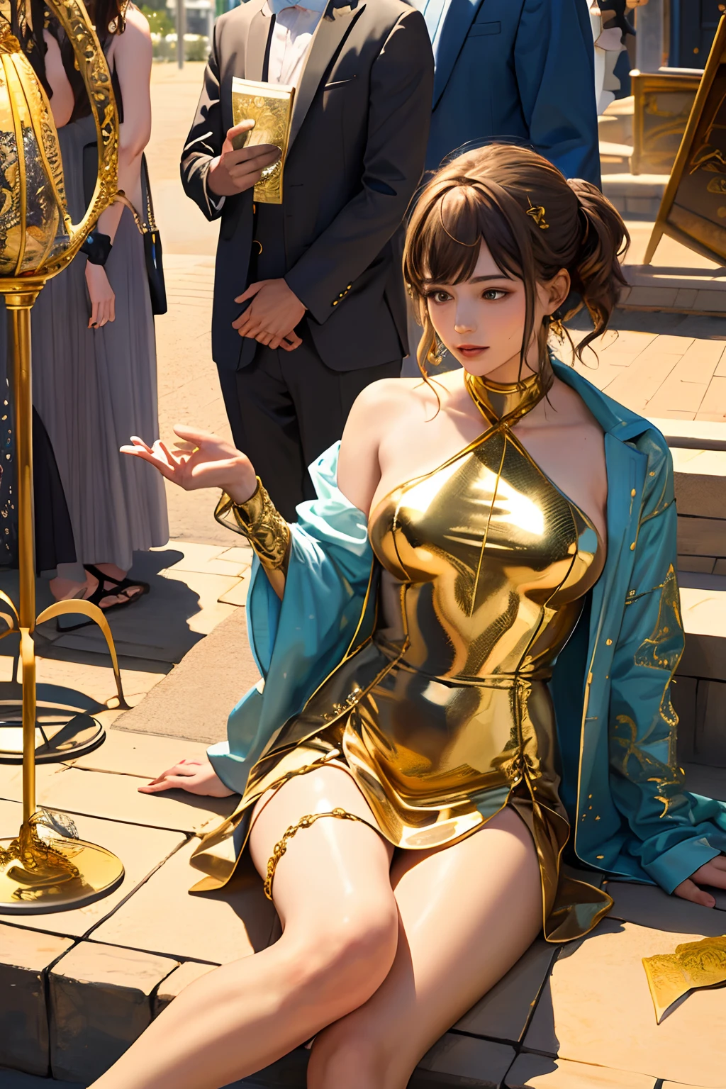 masterpiece, best quality, highres, mizuki yukikaze, hair ribbon, dark skin, tan, small breast, cleavage, dress, bra, jewelry, golden dress, bare shoulders, earrings, armlet, bracelet, high heels, handbag, luxury, celebrity, cowboy shot, hand on hip, street,