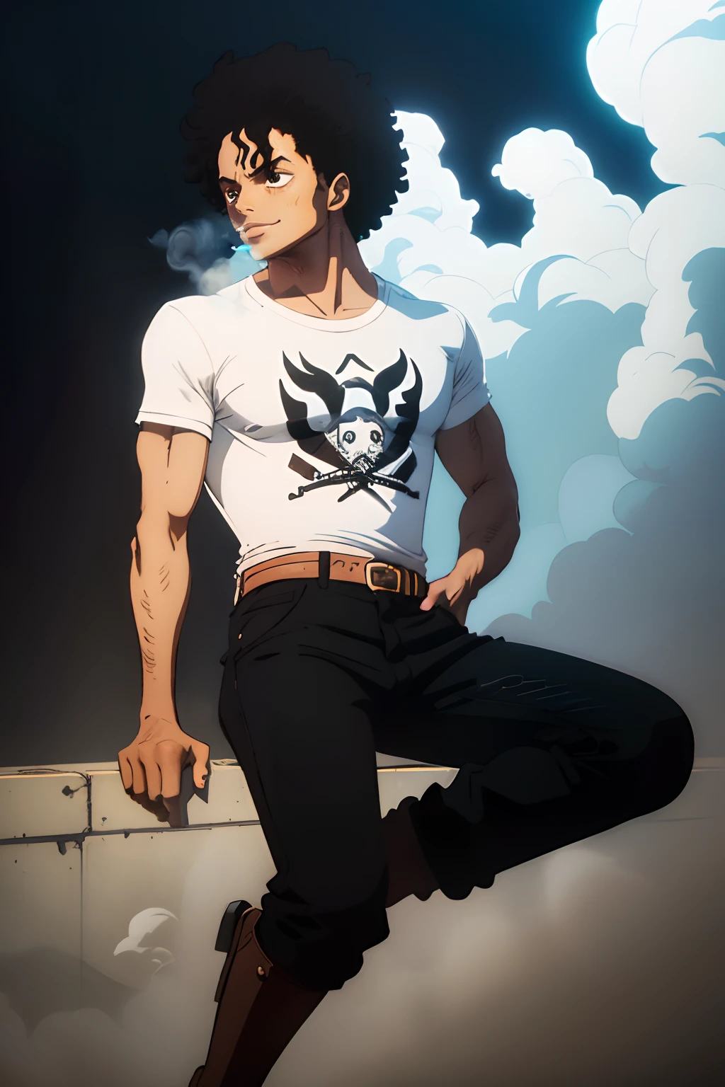 1boy,happy, blackcurly hair like Michael Jackson,smoke power,white shirt,brown trousers,black boots,one piece style,cool crew,good looking guy,vivid colors,portraits,brilliant colors,stylish lighting,medium shadow,lush greenery,slightly vintage atmosphere,energetic expression,minimalistic background