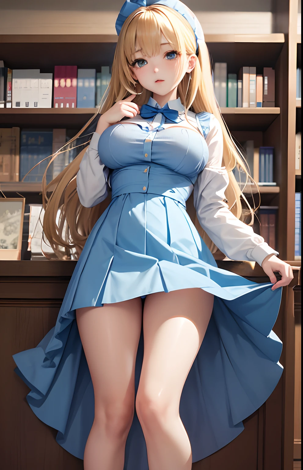 ​masterpiece, top-quality, 1girl in,Fluffy skirt、Raw feet、atlibrary、big breast beauty、I'm showing my pants、bra very、alice in the wonderland、a blond、a blue dress、a miniskirt