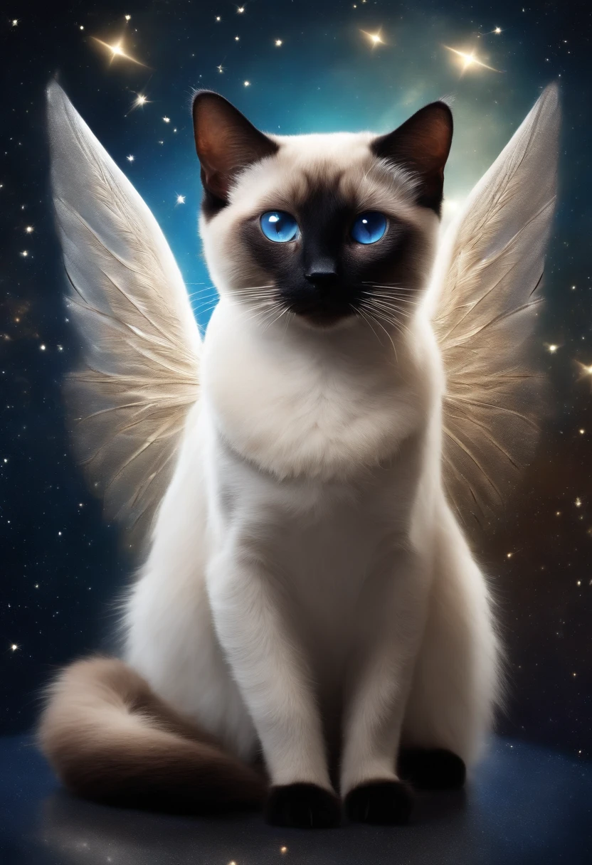 Make a Siamese cat with angel wings and aureole, The starry sky as background, imagem realista