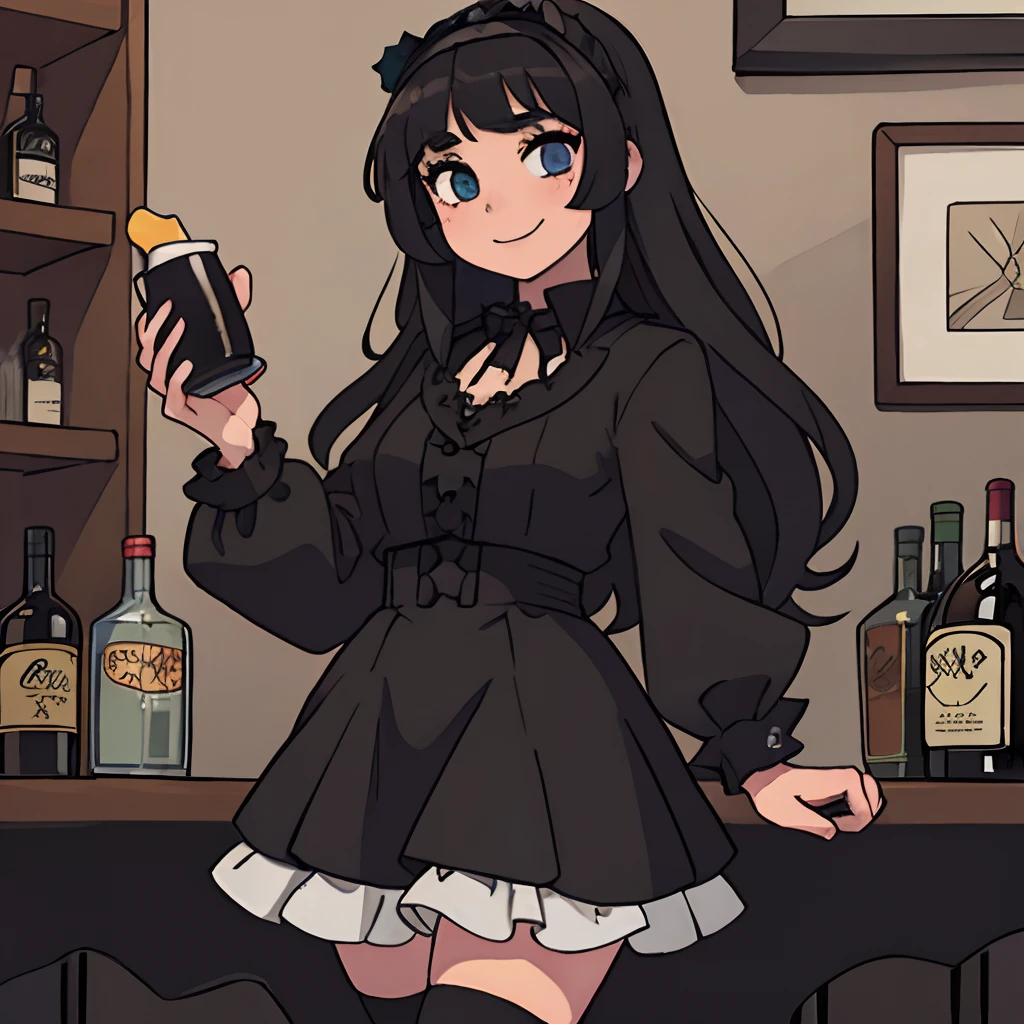 1 woman, Cool, good-looking, Cross-dressing, Gothic, Gothic, Onepiece, knee high socks, Black socks, Skirt, Black clothes, white frills, Black hair, Long hair, Hidden eyebrows and bangs, boyish, alcohol, Head dress, Black lips, Raffle Plenty, large black ruffles on the sides of the head,,,,,,, alcohol, Big eyes, Smile, Dusk, Indoors