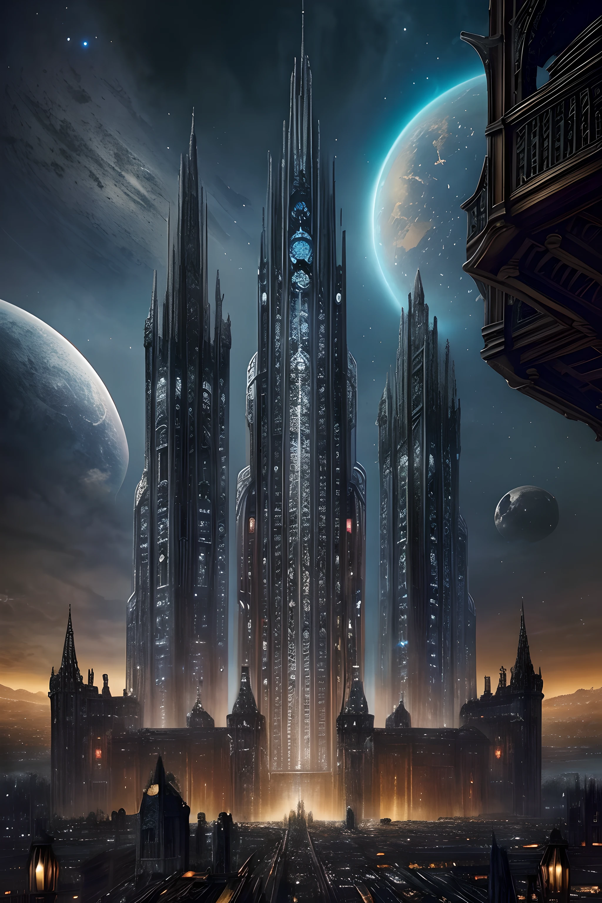 Create a Luis Royo-style illustration featuring a world filled with futuristic skyscrapers mixed with medieval castles. The sky is adorned with planets and nebulae, Creating a Celestial Scenario. Add magic beams, antique clocks, and embrace elements of extreme fantasy. Pay meticulous attention to intricate details to ensure a visually captivating composition.