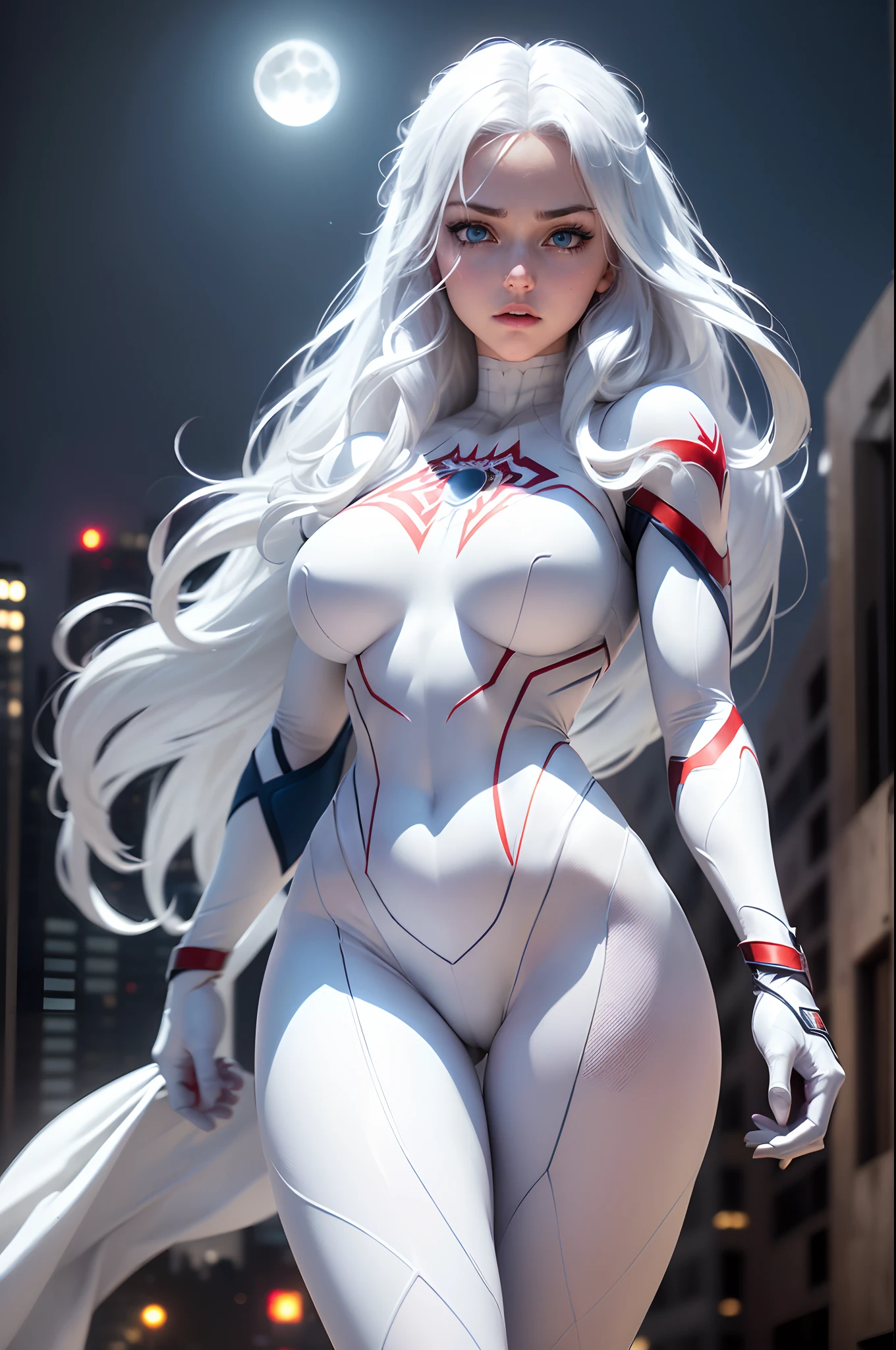 (Masterpiece, 4K resolution, ultra-realistic, highly detailed), (White costume superhero theme, charismatic, girl on top of the city, wearing white Spider-Man costume, superheroine), [((23 years old), (long white hair:1.2), full-body, (blue eyes:1.2), (Spider-Man dynamic poses) ((gritty urban environment):0.8)| (urban landscape, nighttime, dynamic lights), (full moon))]