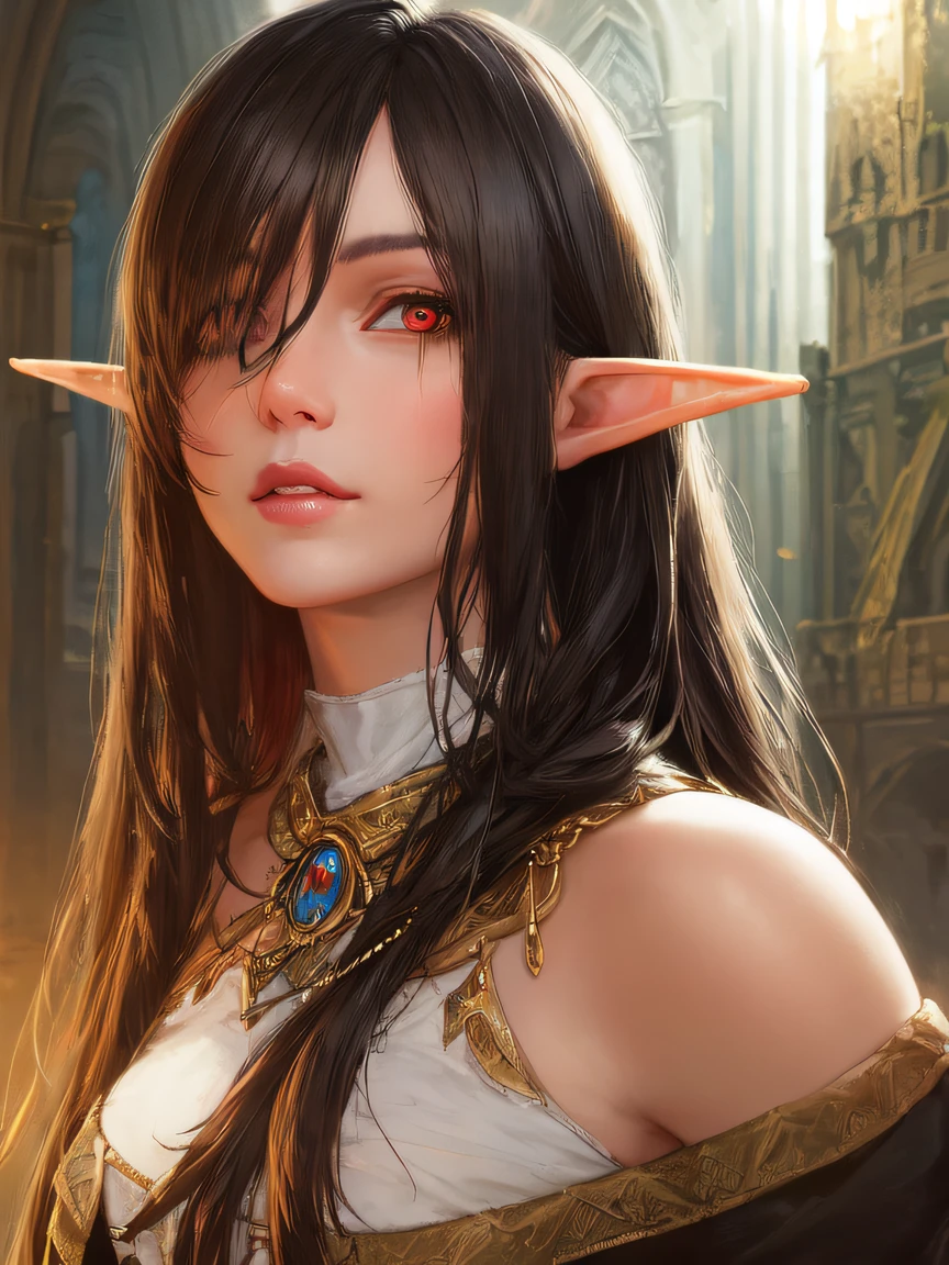 realistic, majestic, masterpiece, photorealistic, ultra detailed digital art, a photo of an elf, pointed ears, cloak, jewelry, sexy, 3d model, harsh shadow, glowing, soft lighting, photogenic, scifi, post apocalyptic, pretty face, amber eyes, gigantic breasts, black background,