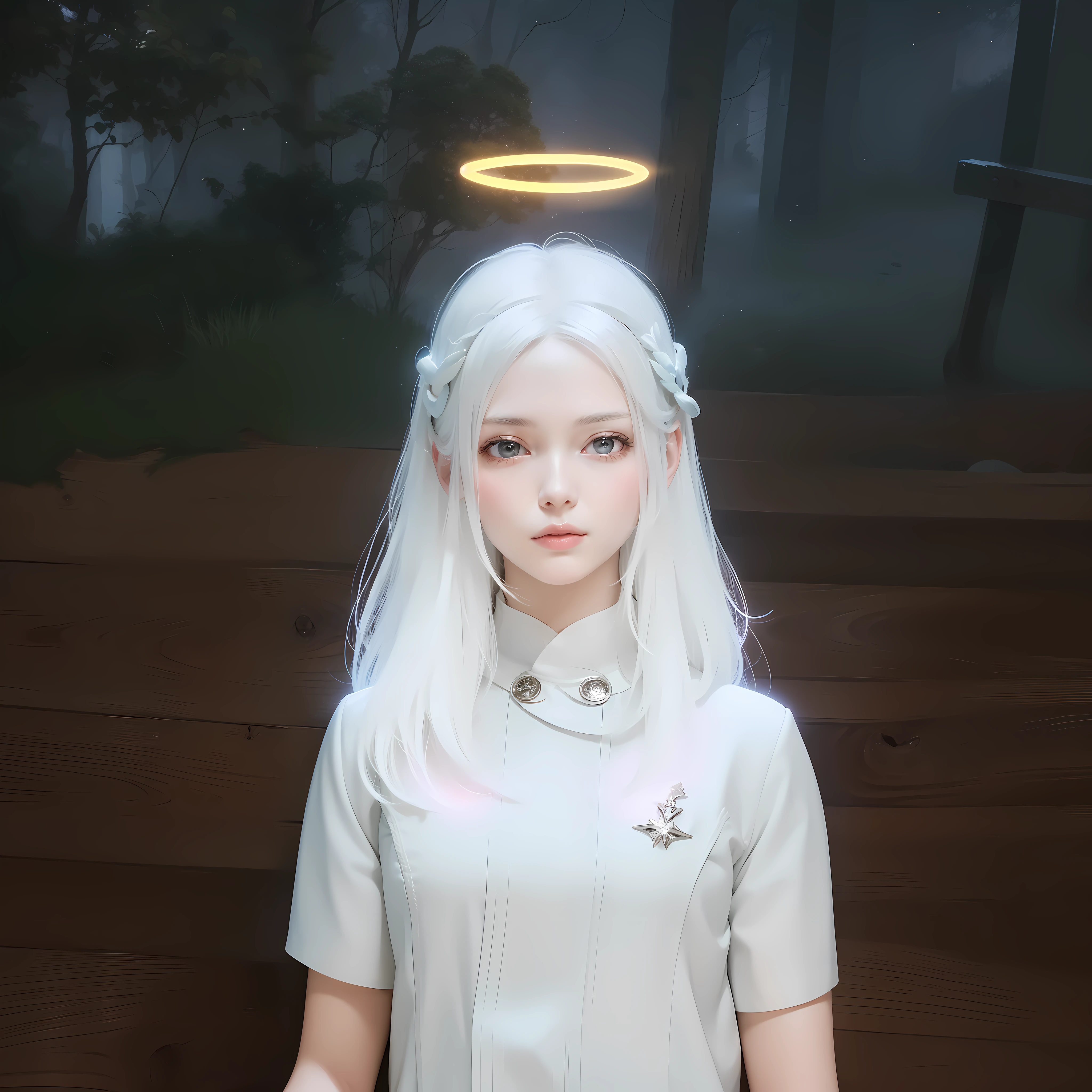 there is a woman with white hair and a halo on her head, wearing angel halo, angelic halo, angel halo, holy halo, ingame image, npc with a saint's halo, luminous halo, angelic face, in-game, in - game, glowing halo, halo above head, angelic purity, wearing angel halo covered face, angelic features
