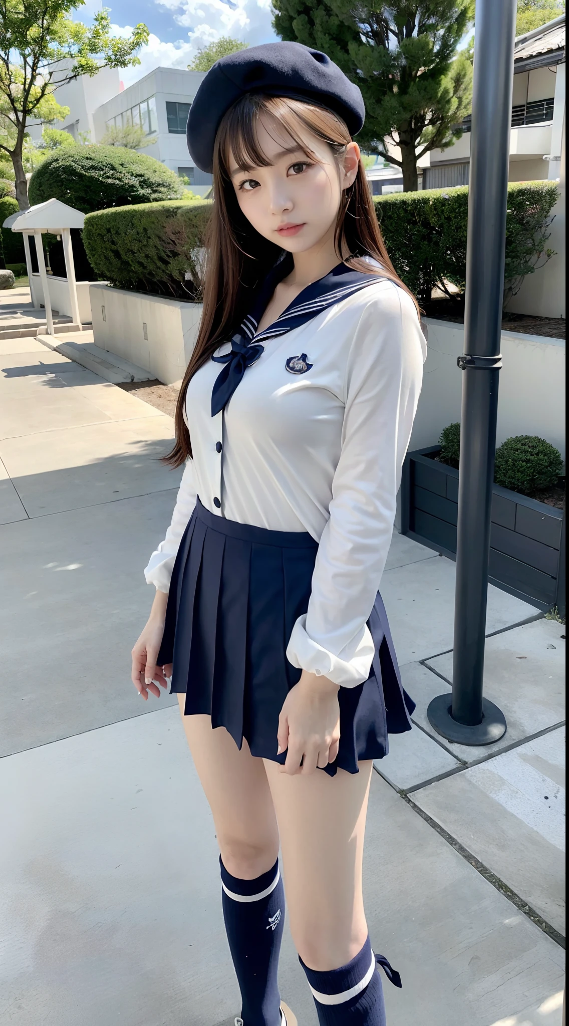 highest quality,masterpiece,Ultra-high resolution,(Actual:1.4),Original photo,Ultra-high resolution,8k,There are women,Fair skin,Exquisite makeup,High heels,Long legs,Bright and beautiful、shy smile、at school class room,((wearing student clothes、Long sleeve sailor suit worn by Japan 、Don't show your belly button、I never wear a hat、Blouses are not tucked into skirts、blue long cuffs、Dark blue mini pleated skirt, white knee-high socks、Black loafers))),
