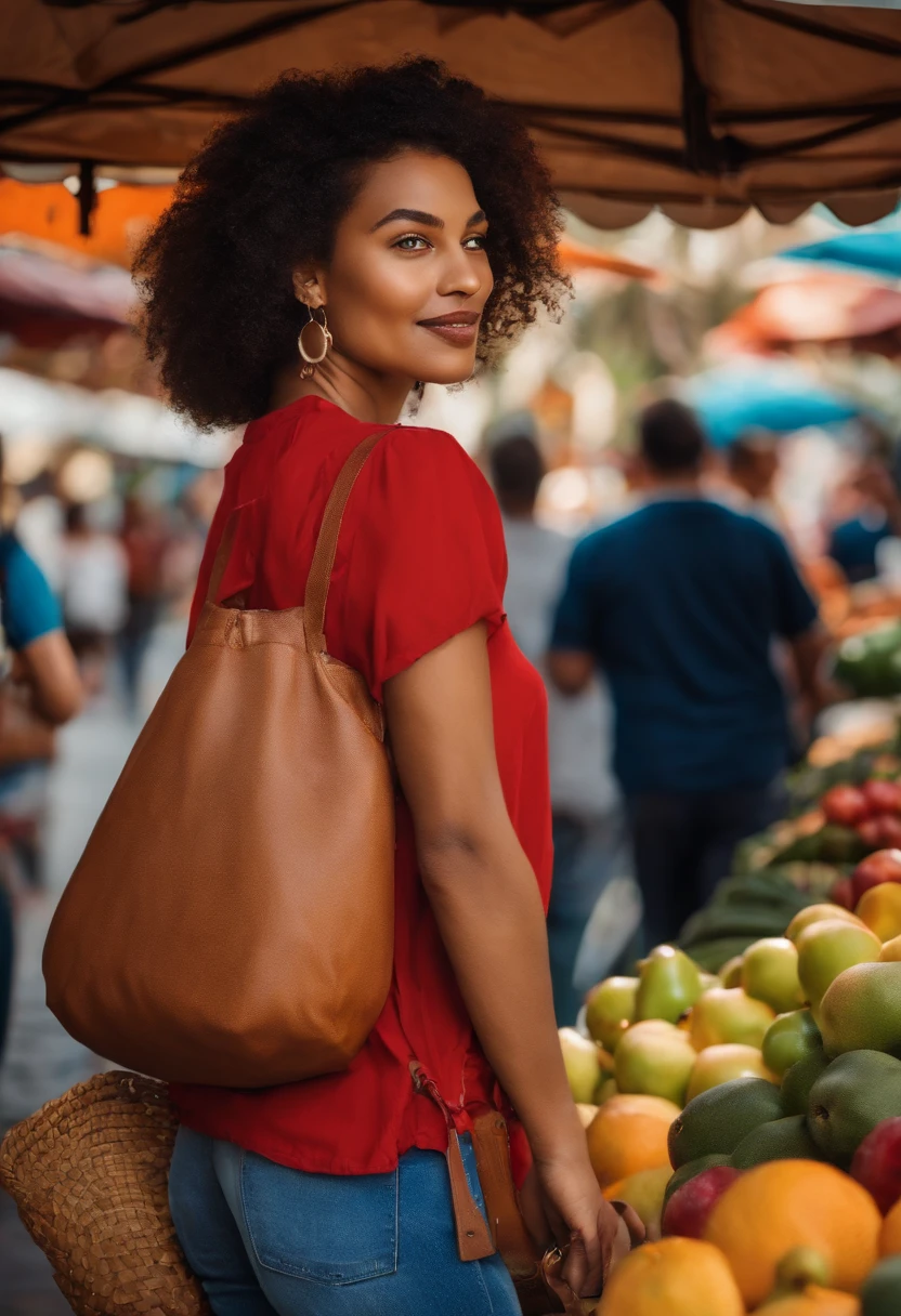 She is shopping at an outdoor market for fruit. She is wearing jean shorts and a red shirt. She has a small purse.