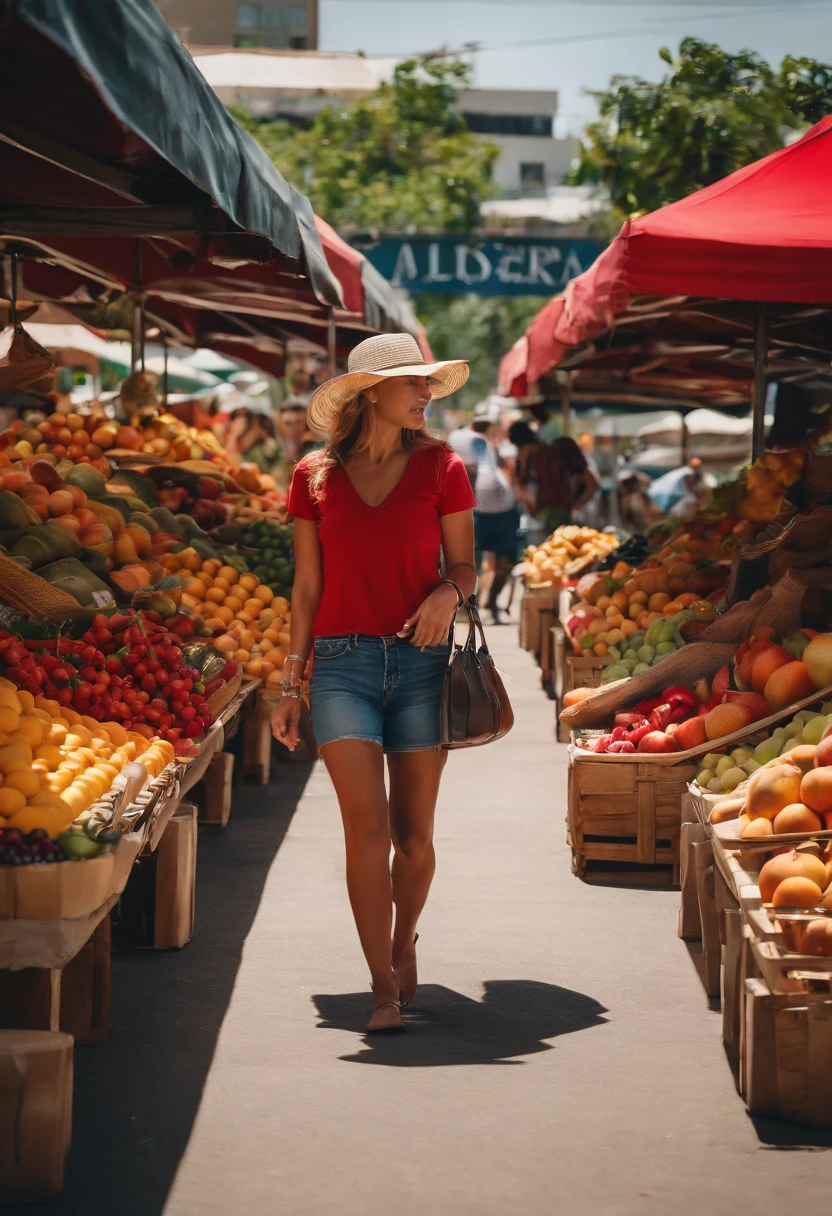She is shopping at an outdoor market for fruit. She is wearing jean shorts and a red shirt. She has a small purse.