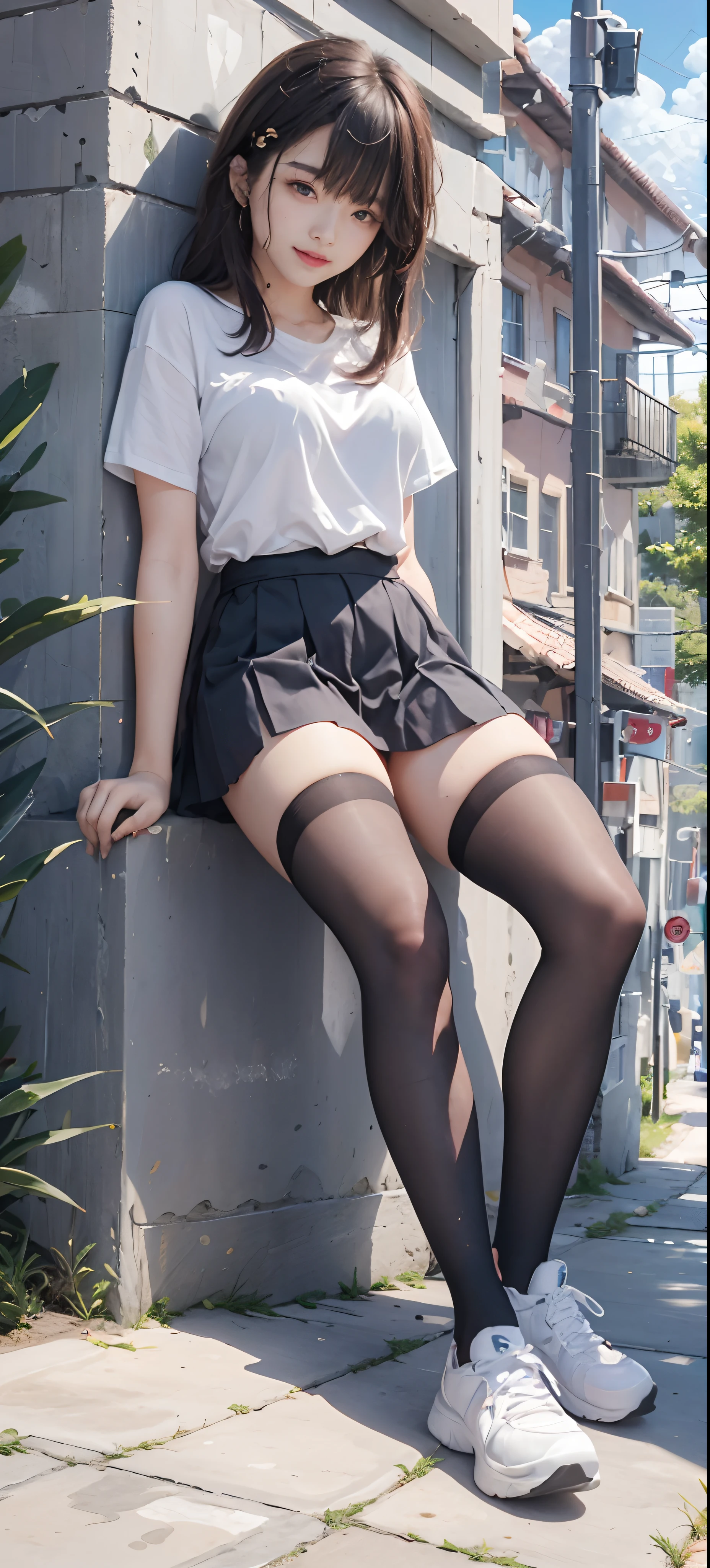 -tee6 yearean, blonde, small breasts, big eyes, long legs, close-up on thighs, tank top with deep neckline, sweatshirt, skirt tiny pleated, black tights, high heel shoes, Extremely high angle shot, from above the girl, (Reelmech: 1.5), vagina showing, park background, Trees, cherry blossom, mirrored floor with reflections, sitting on school chair , blood on t-shirt, ray tracing, HDR