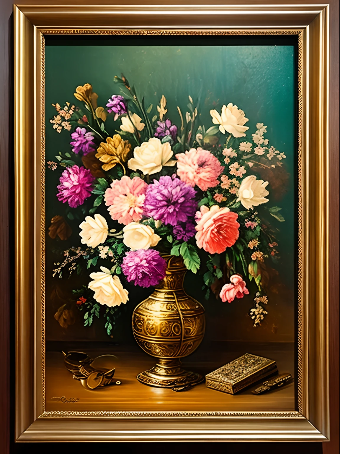 flowers in vase painting, [steampunk], [oil painting], [vivid colors], [ultra-detailed], [realistic:1.37], [studio lighting], [fine brushstrokes], [antique], [mechanical elements], [brass], [cogs and gears], [beautifully crafted], [intricate designs], [elaborate], [rusty metal], [detailed flowers], [glass vase], [colorful blooms], [leaves and stems], [shadows and highlights], [nostalgic atmosphere], [rich textures], [antique furniture], [ornate frames], [soft lighting], [age-old], [mysterious], [atmospheric], [timeless beauty], [unconventional], [captivating], [masterpiece:1.2].