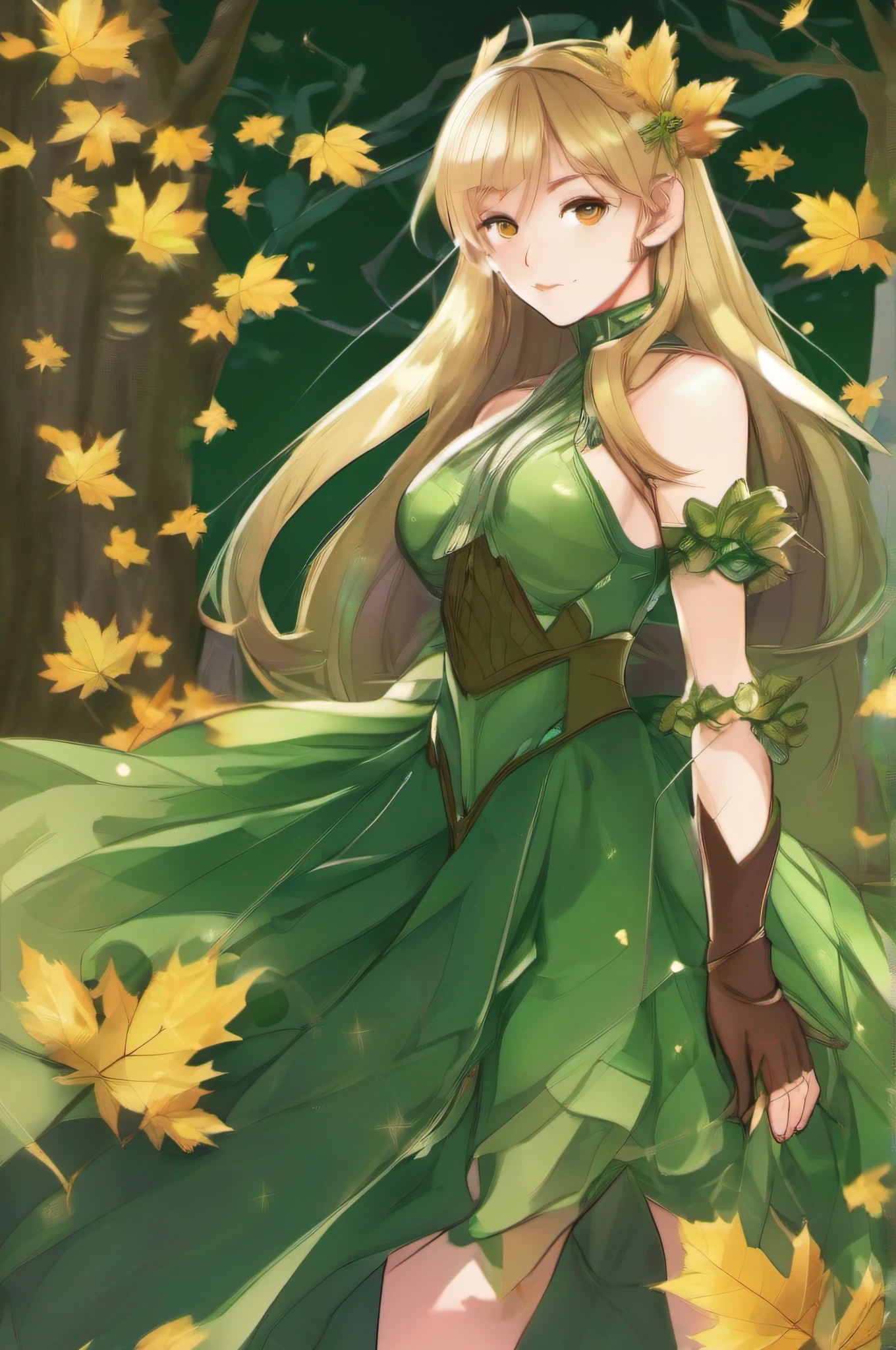 Leafa a magical girl wears a forest-green, knee-length dress that shimmers like leaves in the wind. Leafa also wears knee-high brown boots and fingerless gloves adorned with intricate leaf patterns.