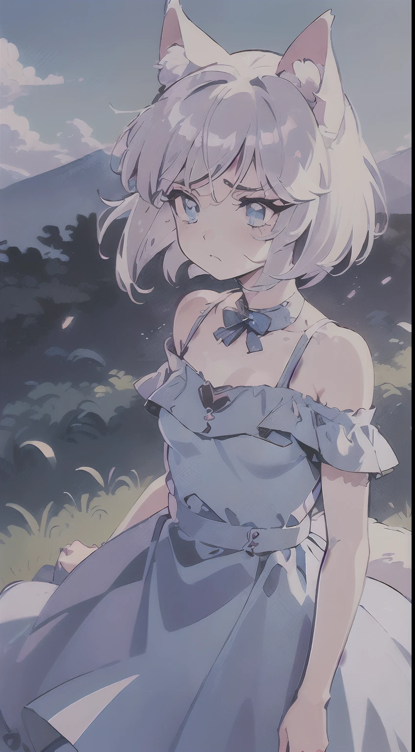 Masterpiece, 1girl, ((((Candy Candy style)))), (wolf girl, wolf ears, wolf tail, ((silver white hair)), hair clip, (hair tap eye), ((blue eyes)), long eyeslashes, eyeliner, (((small breasts, old dress with bare shoulders))), solo, full body, ((standing)), ((worried, sad expression, melancholic, look blue eyes)), portrait, close-up, (field background, sky, clouds), face, closed_mouth, blush:1.5, anime_coloring, eyelashes, shiny, ((((short_hair)))), head_tilt, detailed shadows, (((manga style, manga coloring))).