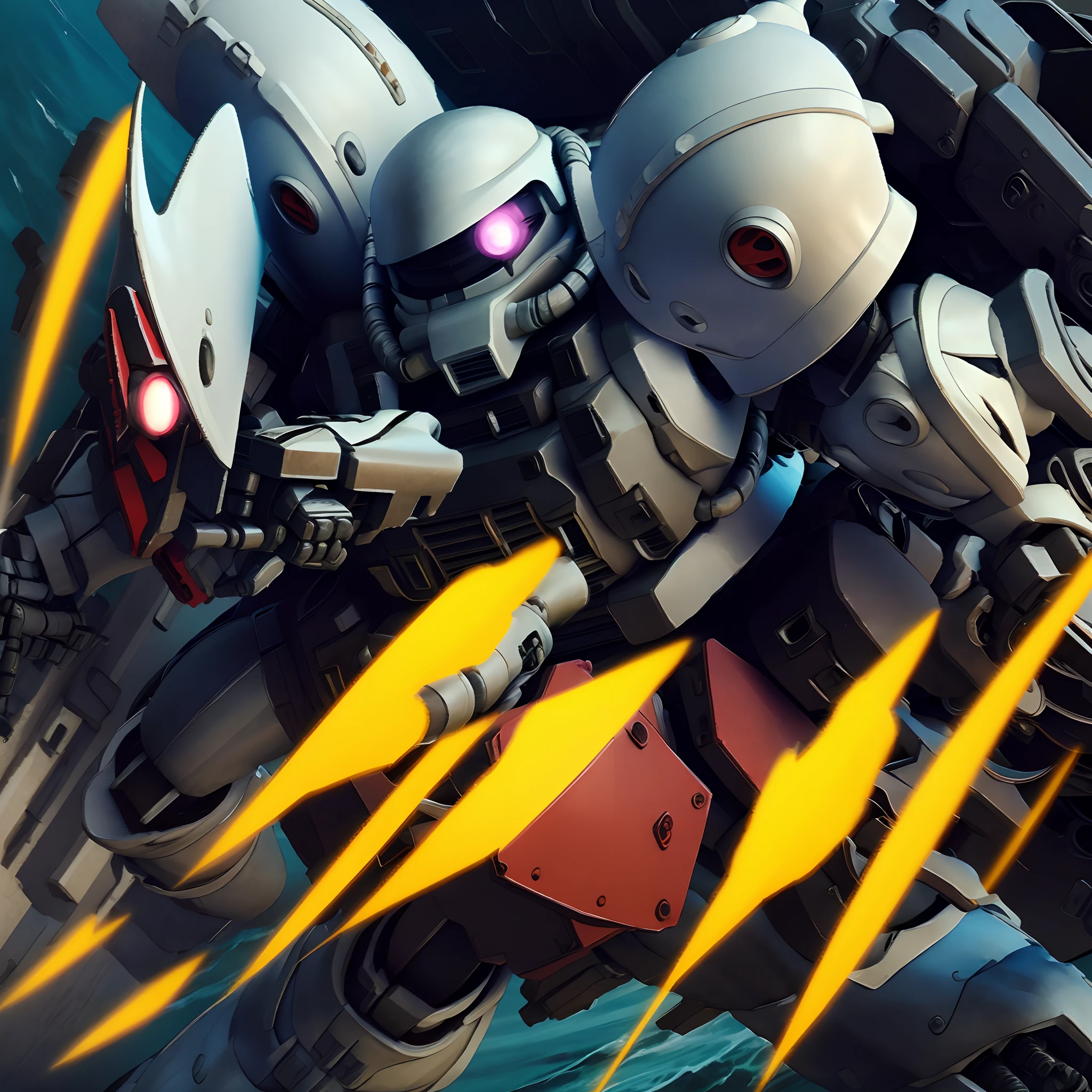 (a girl with) red and black Zeon suits flying over the vast sea, illustrations, high-quality, ultra-detailed (mecha), dramatic lighting, intense action, dynamic poses, futuristic, vibrant colors, mechanical details, battle scene, sci-fi, powerful atmosphere, wafer-thin painting, sharp focus.