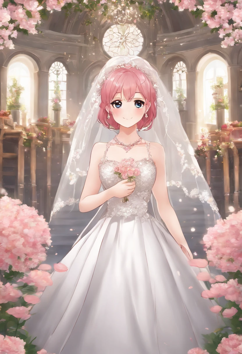 Sakura Haruno, ((Solo)), Alone, bride, Wearing White wedding dress, queen, Happy, ((forehead to show)), Standing, Entering the Church, Pink hair, Short hair, Delicate, 年轻, Short hair, Detailed face, High Definition, ((Full body)), (Flowers around her), Full body, She is a beautiful woman to marry, face with high quality, Beautiful, Radiant