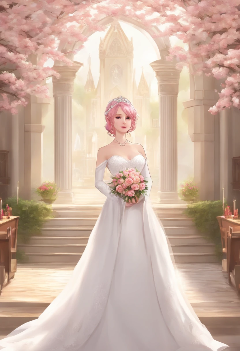 Sakura Haruno, ((Solo)), Alone, bride, Wearing White wedding dress, queen, Happy, ((forehead to show)), Standing, Entering the Church, Pink hair, Short hair, Delicate, 年轻, Short hair, Detailed face, High Definition, ((Full body)), (Flowers around her), Full body, She is a beautiful woman to marry, face with high quality, Beautiful, Radiant