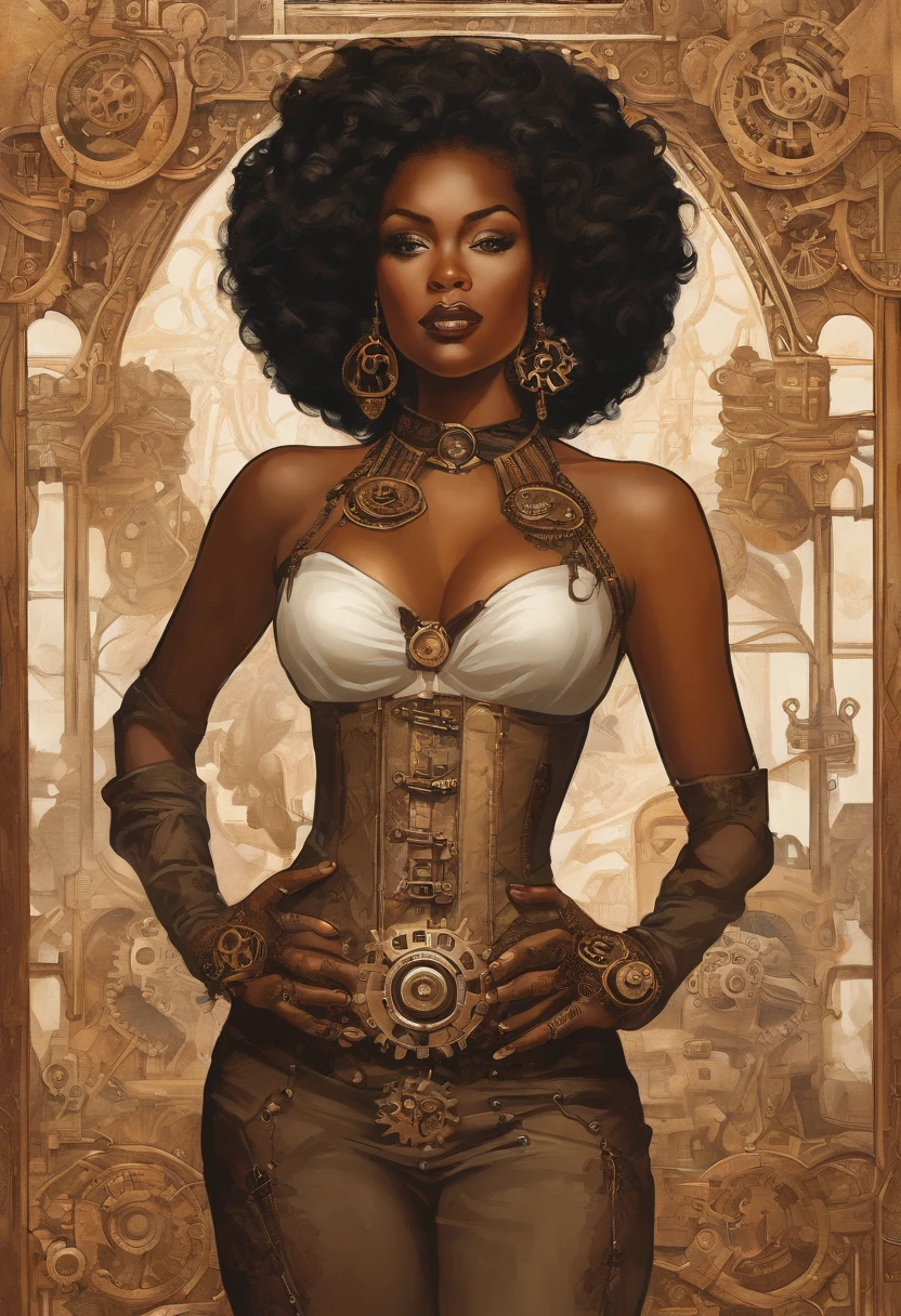 a body shot of a ebony woman as Pin Up Syle,  illustration by Ed Blinkey, Atey Ghailan, Studio Ghibli, by Jeremy Mann, Greg Manchess, Antonio Moro, trending on ArtStation, trending on CGSociety, Intricate, High Detail, Sharp focus, dramatic, illustration  by midjourney and greg rutkowski