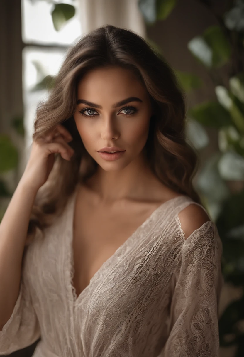 Colombian woman completely , fille sexy avec grosse poitrine aux yeux bruns, ultra realist, couleur de peau mat, Meticulously detailed, Portrait Sophie Mudd, cheveux noir et grands yeux, selfie of a young woman, Yeux de chambre, sans maquillage, maquillage naturel, looking straight at camera, Visage avec Artgram, Maquillage subtil, Great photo of the whole body kneeling on the bed, dans la chambre, Medium to large bust
