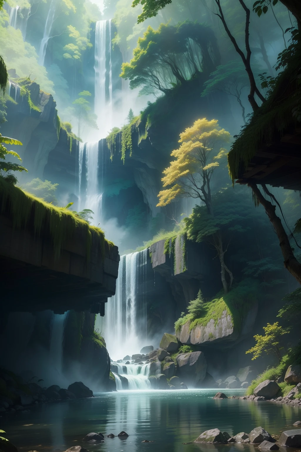 A hidden paradise deep within the jungle, a powerful waterfall crashing into a roaring river below, surrounded by ancient trees and thick vegetation, the air filled with refreshing mist, evoking a sense of tranquility and wonder, Artwork, mixed media of watercolor and ink, capturing the dynamic and organic essence of the scene, --ar 16:9 --v 5 --auto