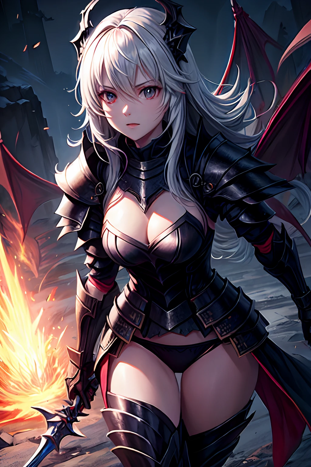 lighting like a movie、top-quality、Female Dragon Knight、World of Darkness、Carrying a spear、Black Armor、Dragon Helmet、black panties、