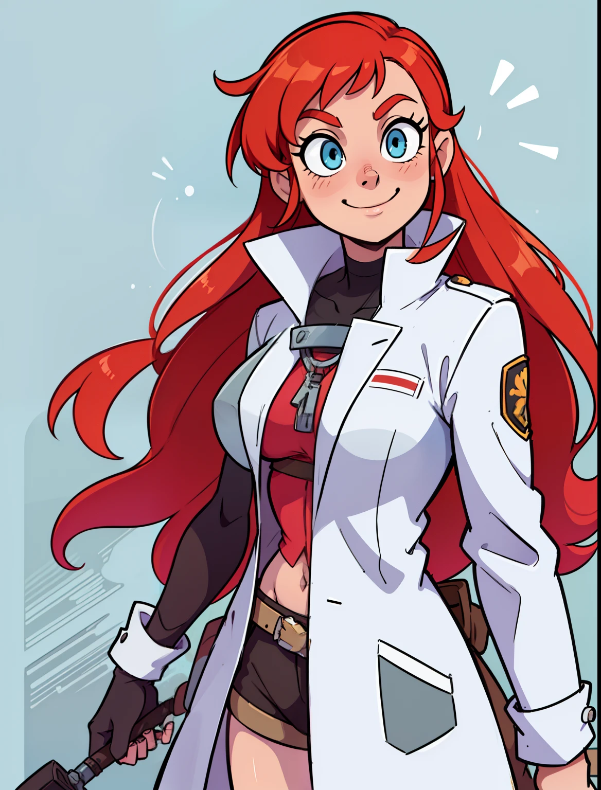 in cartoon, a brilliant xenobiologist with a wild streak, Zara is known for her unconventional methods and her tendency to take risks, She has long red hair and wears a lab coat over her combat shirt, a close-up of a woman in a white coat and red hair, portrait of Rung,Marin Kitagawa fanart, portrait anime space cadet girl, Gordon Freeman as a woman, detailed anime character art, official character art, cushart krenz key art feminine, Yayoi Kazuma, Asuka, she has long red-orange hair, female protagonist 👀 :8, happy smile, toonish