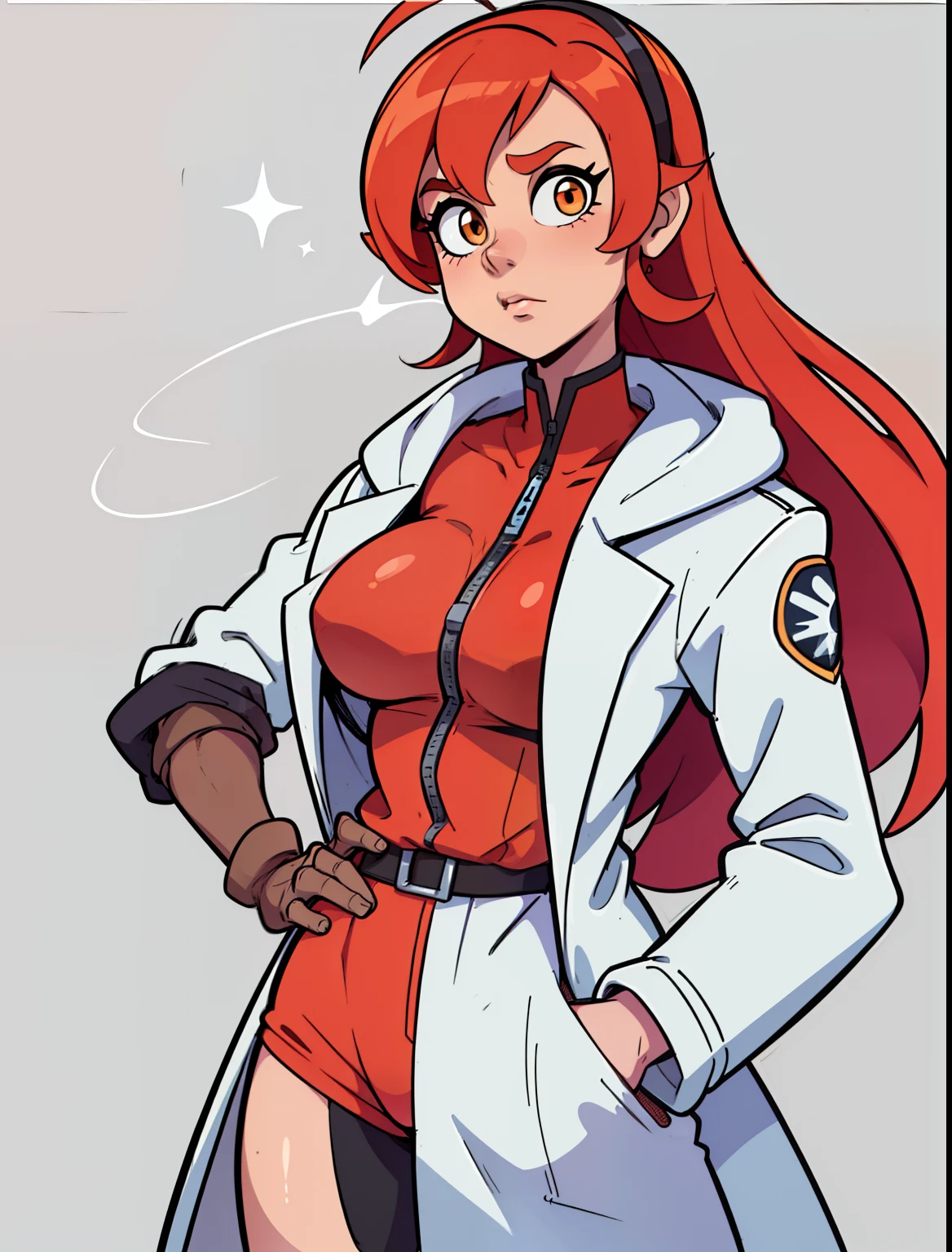 in cartoon, Zara Krieger - a close-up of a woman in a white coat and red hair, portrait of Rung,Marin Kitagawa fanart, portrait anime space cadet girl, Gordon Freeman as a woman, detailed anime character art, official character art, cushart krenz key art feminine, Yayoi Kazuma, Asuka, she has long red-orange hair, female protagonist 👀 :8, a brilliant xenobiologist with a wild streak, Zara is known for her unconventional methods and her tendency to take risks. She has long red hair and wears a lab coat over her combat shirt.